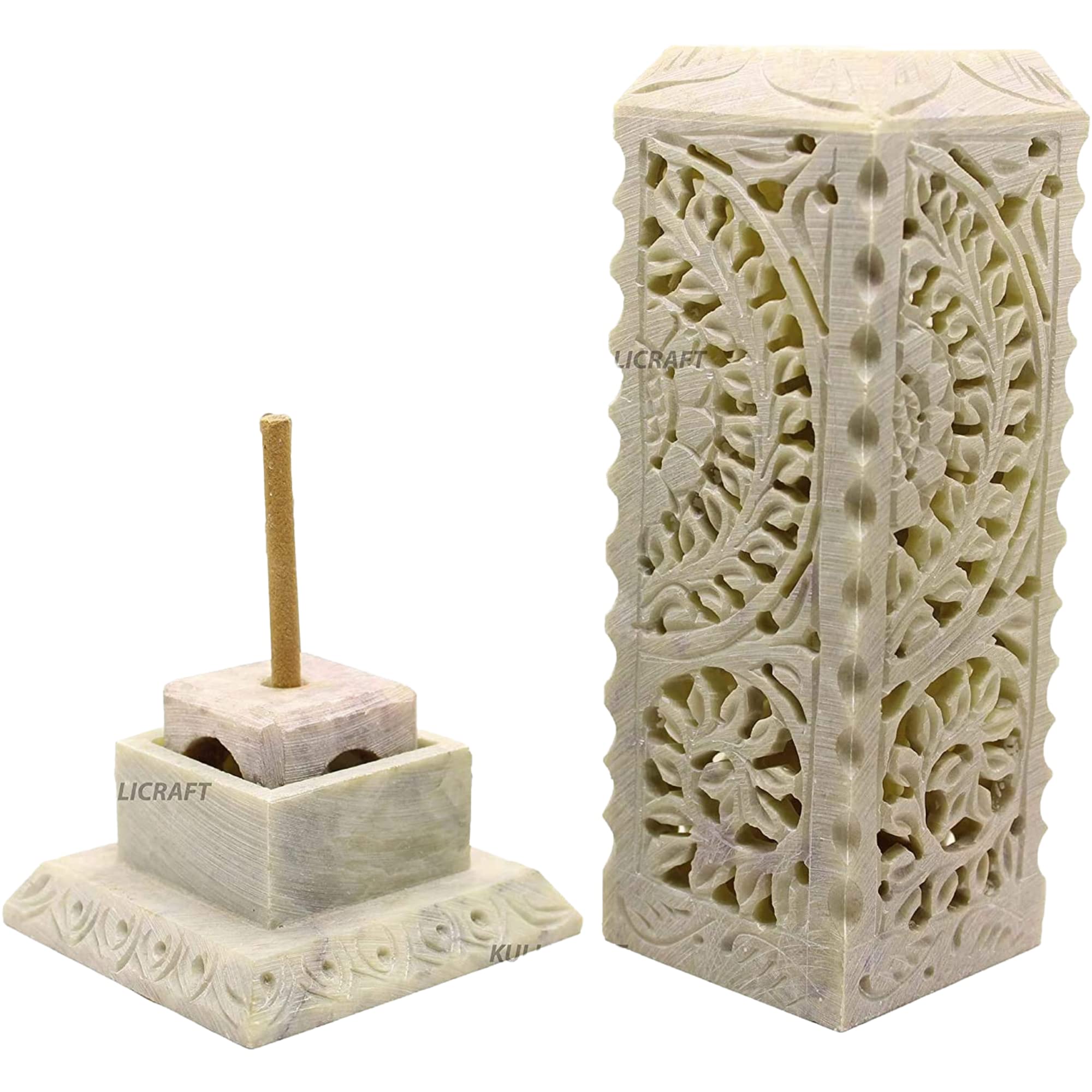 Kc Kullicraft Handcrafted Floral Carving Soapstone Marble Dhoop Batti Stand Holder For Puja With 6 Dhoop Batti