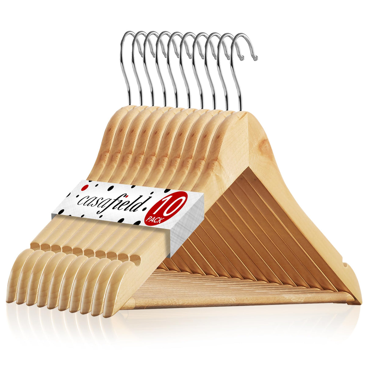 Casafield - 10 Natural Wooden Suit Hangers - Premium Lotus Wood With Notches & Chrome Swivel Hook For Dress Clothes, Coats, Jack