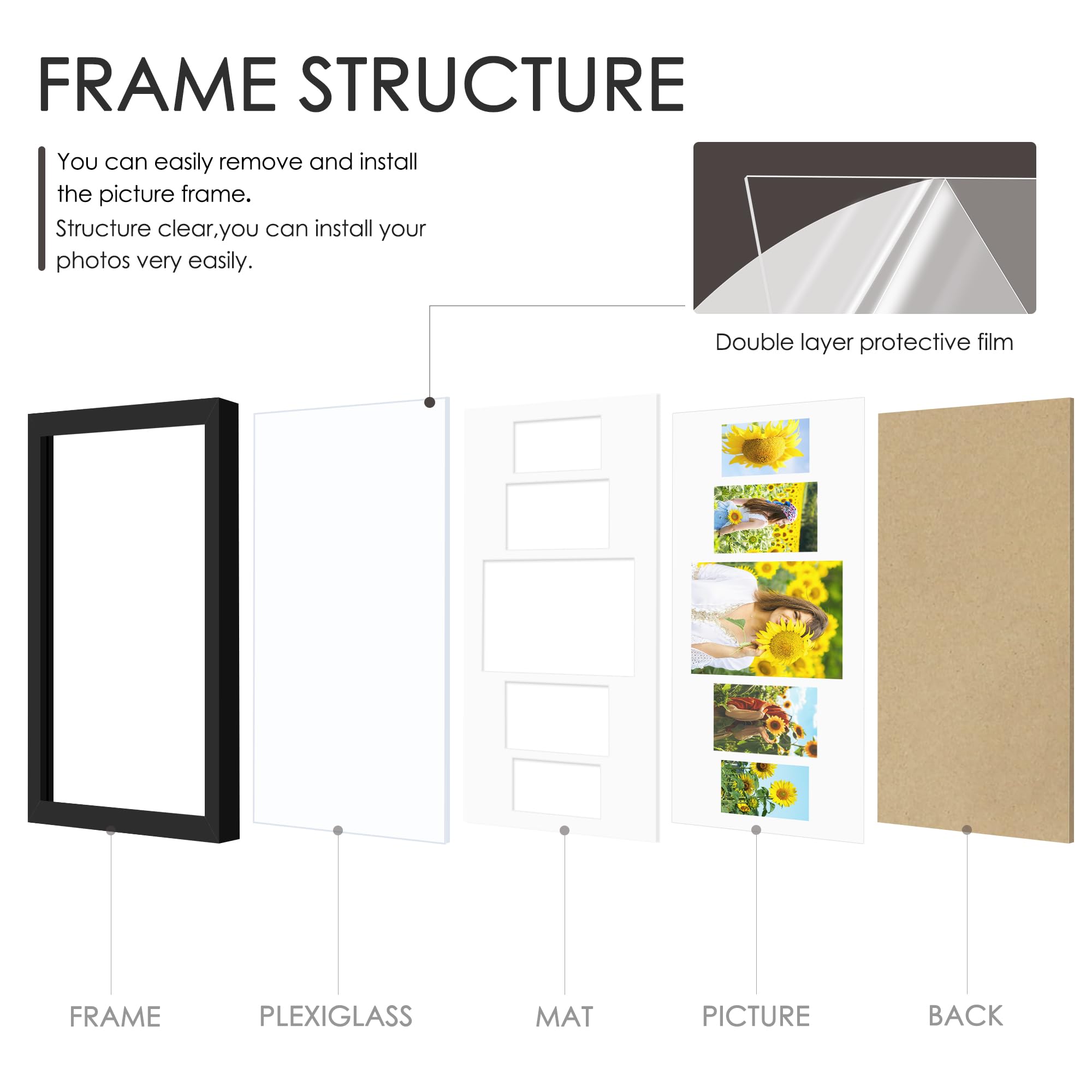 DUENPY 12x28 Collage Picture Frames Display One 8x10 Inch and Two 5x7 and Two 4x6 Photos Collage Wall Decor Wall Hanging or Tabl