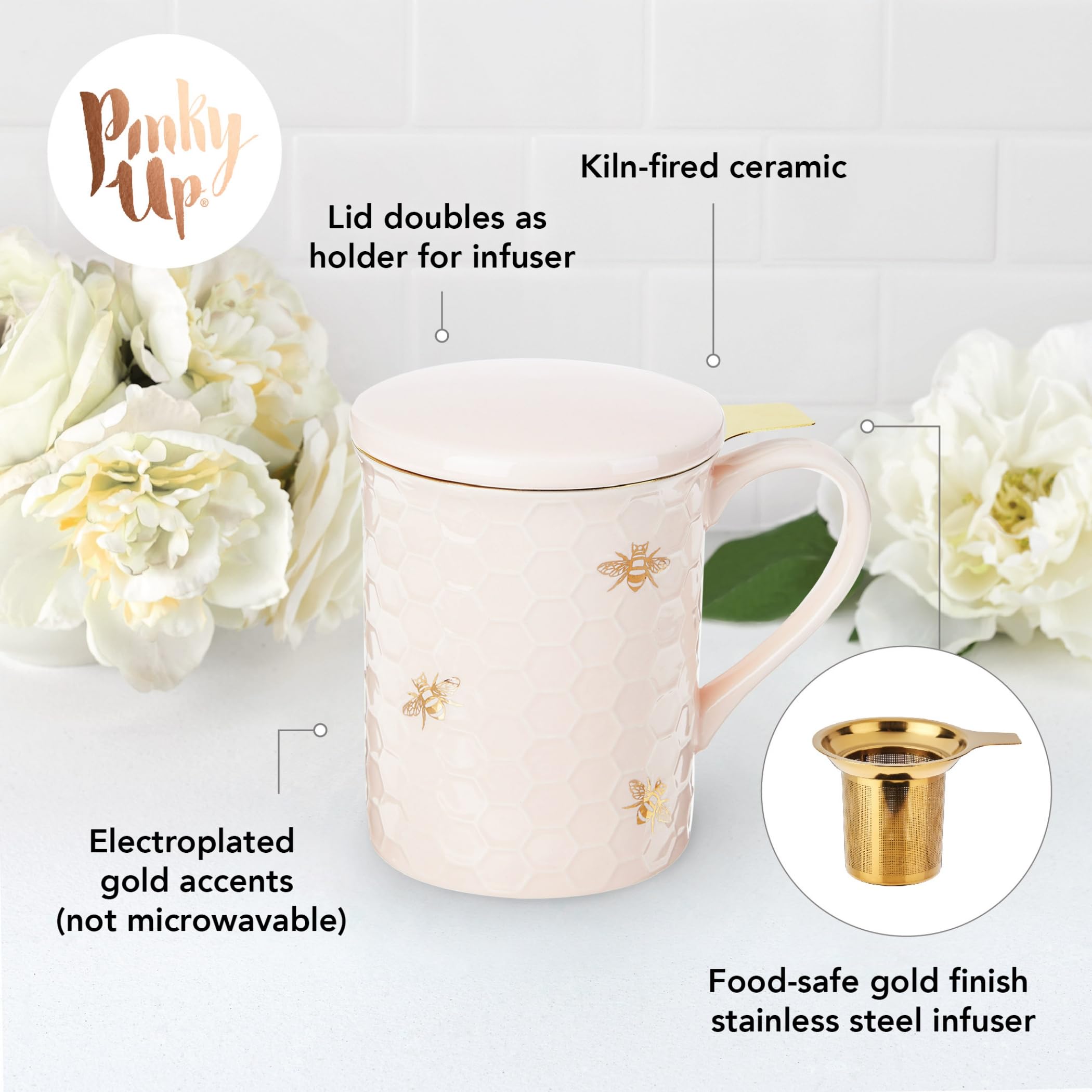 Pinky Up Annette Ceramic Cup With Infuser And Lid Travel Mug For Loose Leaf Teas, Home Office, Camping, Picnic Party, 12 Oz, Set