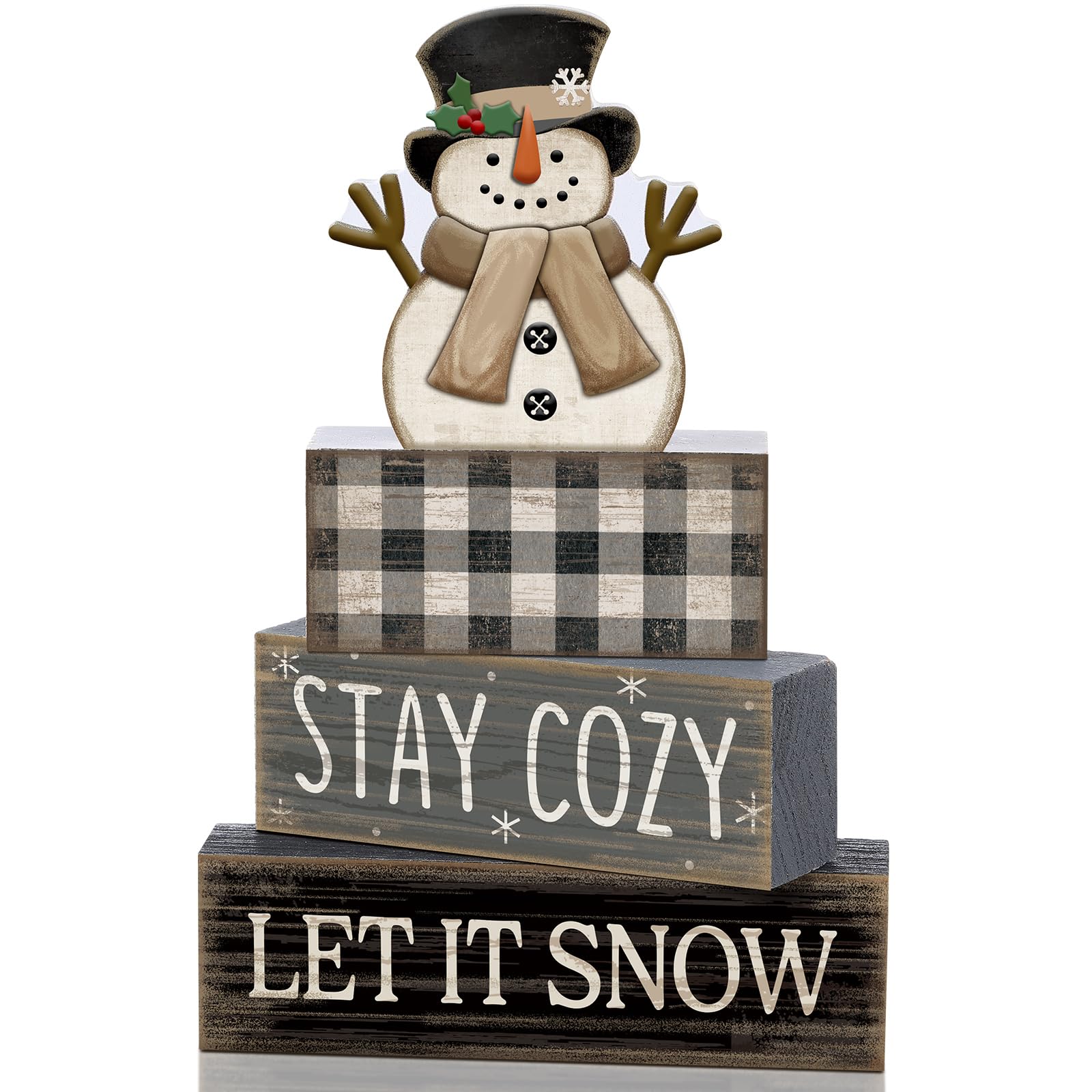 Yuntau 4 Pcs Christmas Winter Table Decorations Wooden Snowman Winter Tiered Tray Decor Rustic Block Signs Gift Farmhouse Christ