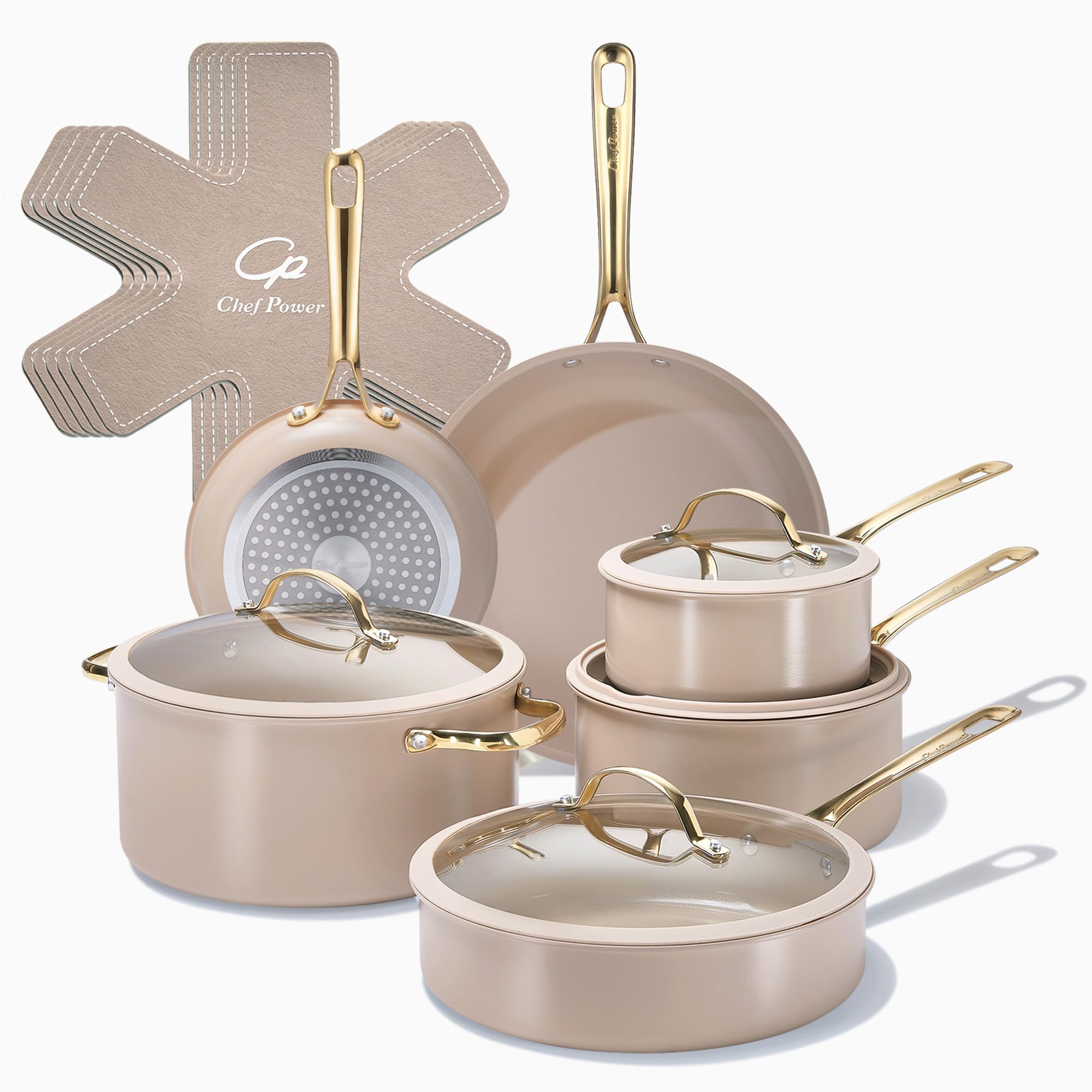 Chef Power Ceramic Cookware Sets, 15Pcs Pots and Pans Set Non Stick, Cookware Set with Stainless Steel Handle, Dishwasher & Oven