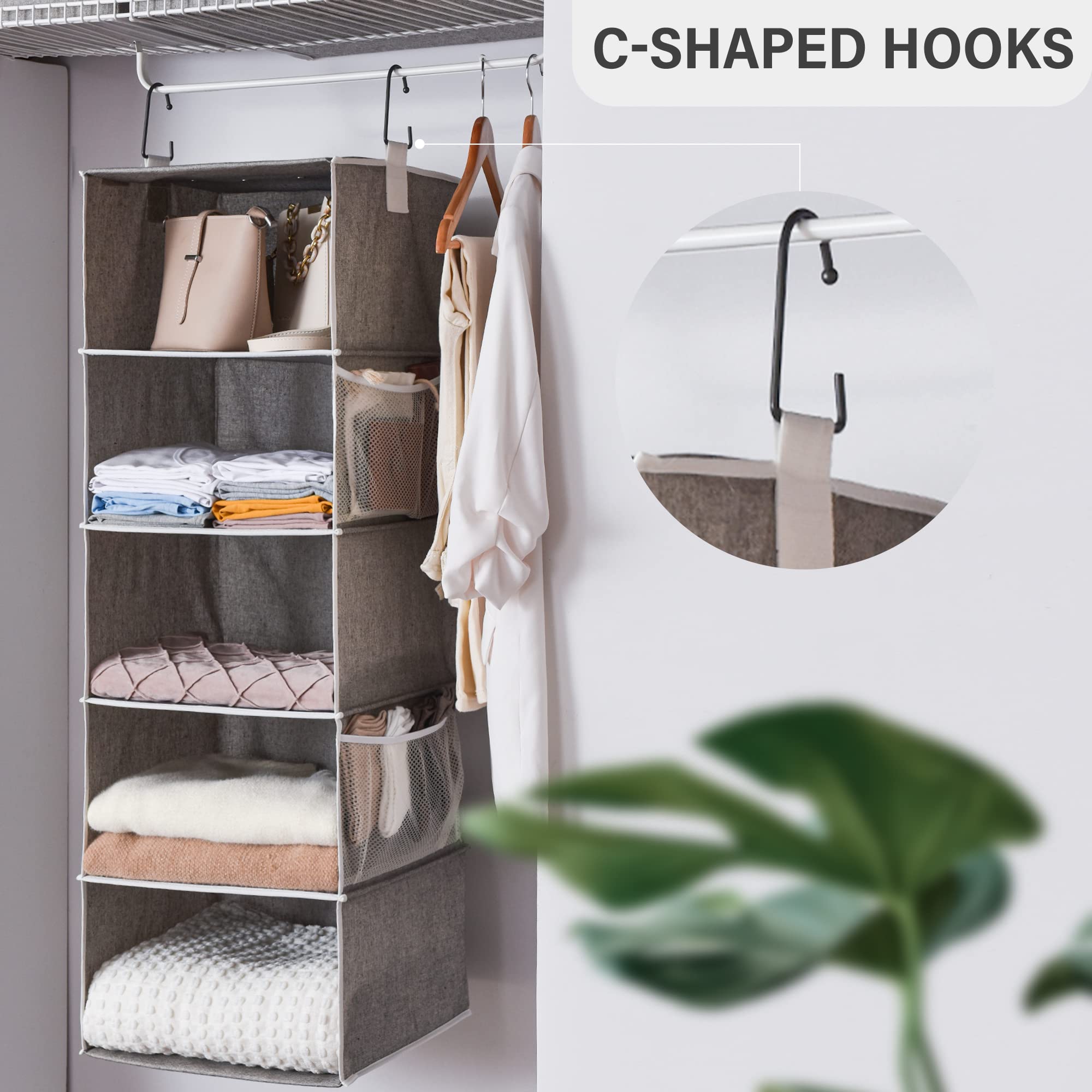 StorageWorks 5-Shelf Jumbo Hanging Storage Closet  Hanging Organizer for Closet Rod  Hanging Cloth Organizer Storage  Canvas  Gray  13'' D x 15'' W x 47