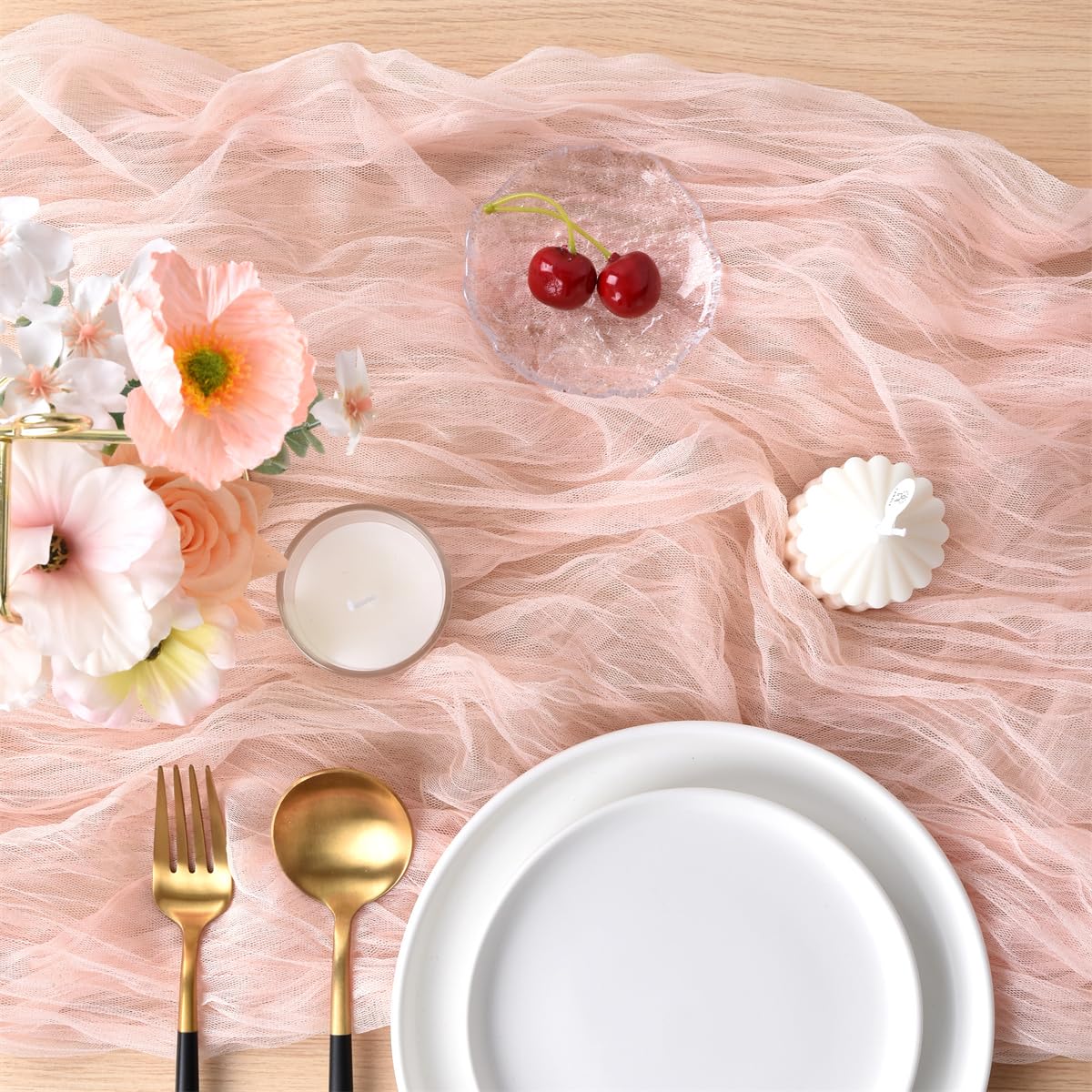 Joanlody Peach Cheesecloth Table Runner 10Ft Rustic Gauze Cheese Cloth Table Runner Boho Fall Thanksgiving Table Runner For Wedd