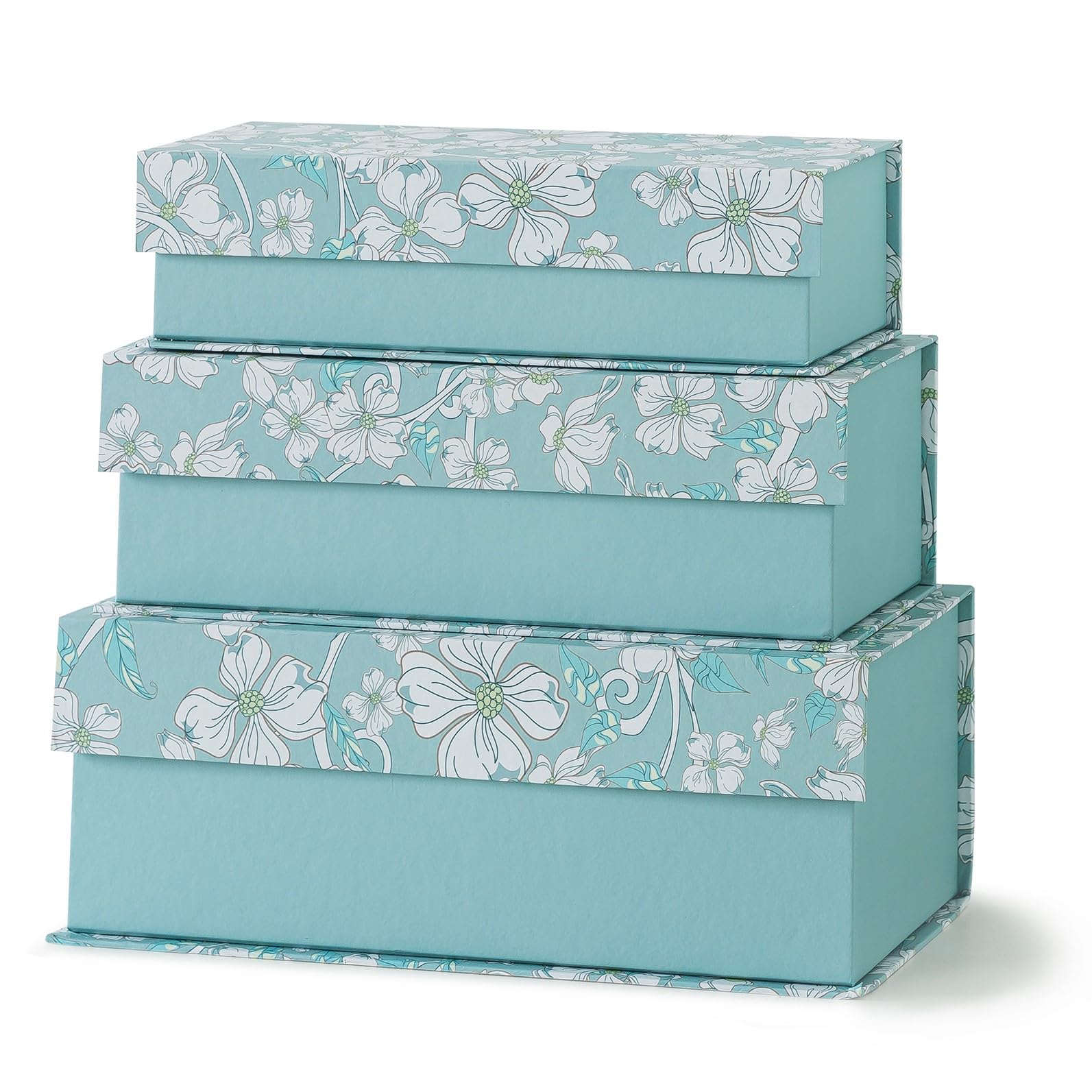 Blue Botanical Decorative Storage Boxes with Lids - Set of 3: White Floral Memory Keepsake Boxes with Magnetic Closure, Cardboar