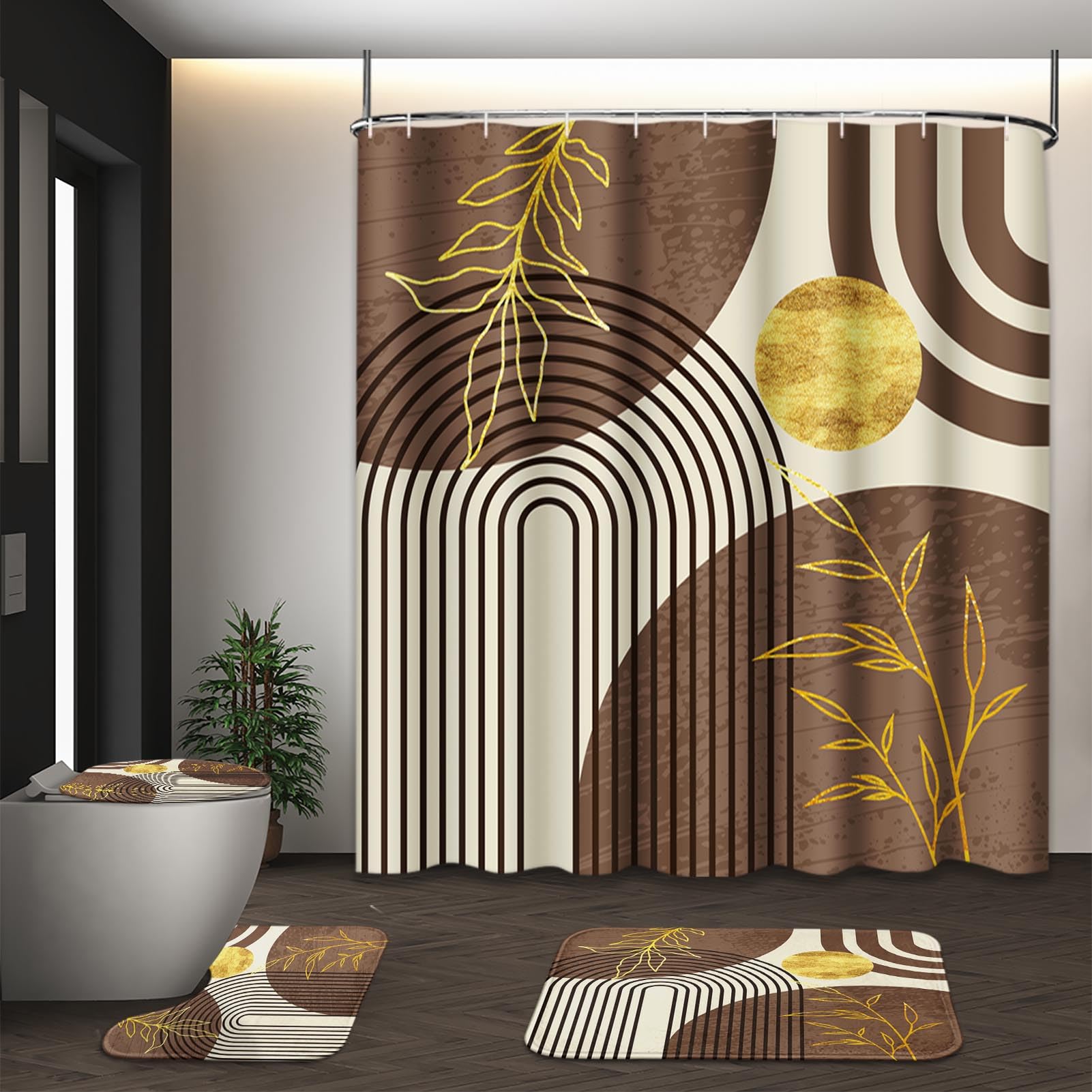 Tayney Brown And Gold Boho Mid Century Shower Curtain Set With Toilet Lid Cover And Non-Slip Rugs, Abstract Geometric 4 Pcs Mode