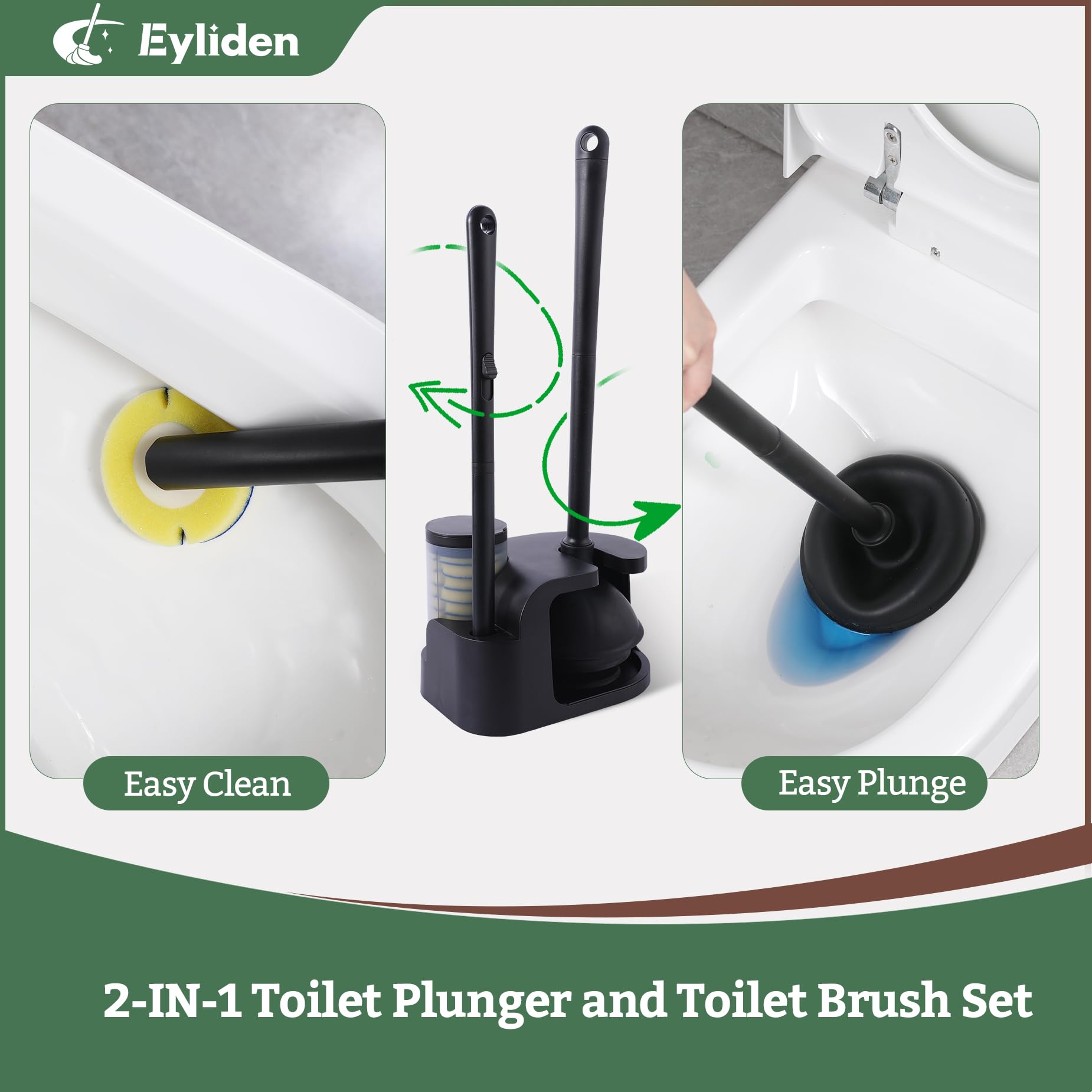 Eyliden Disposable Toilet Brush And Plunger, Toilet Bowl Wand Kit Combo With Storage Caddy And 10Pcs Refills Heads, Compact Toil
