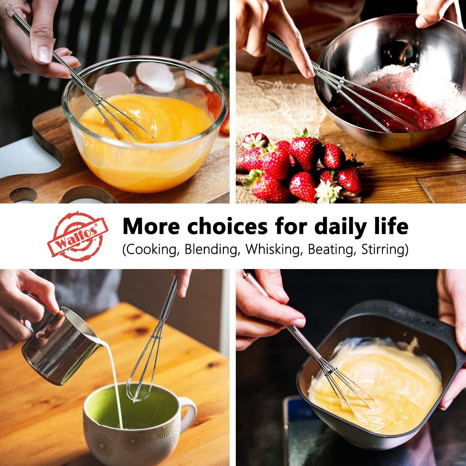 Walfos Mini Whisks Set - 2 Stainless Steel Whisks (5in & 7in) for Beating, Blending & Mixing Sauces