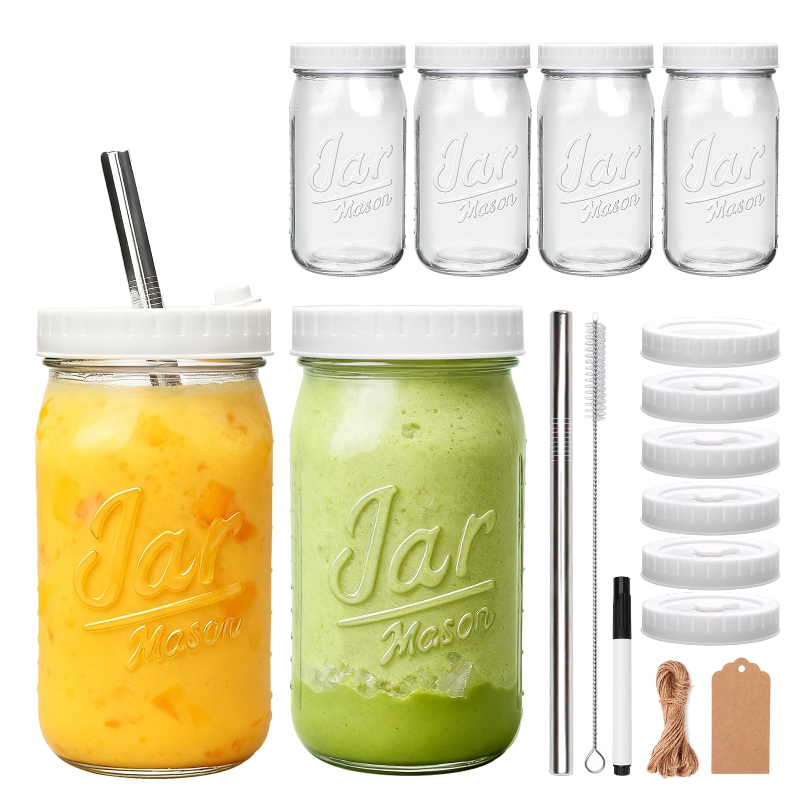Mapoxy 32oz Mason Jars Cups with Plastic Lids & Straws 6 Pack