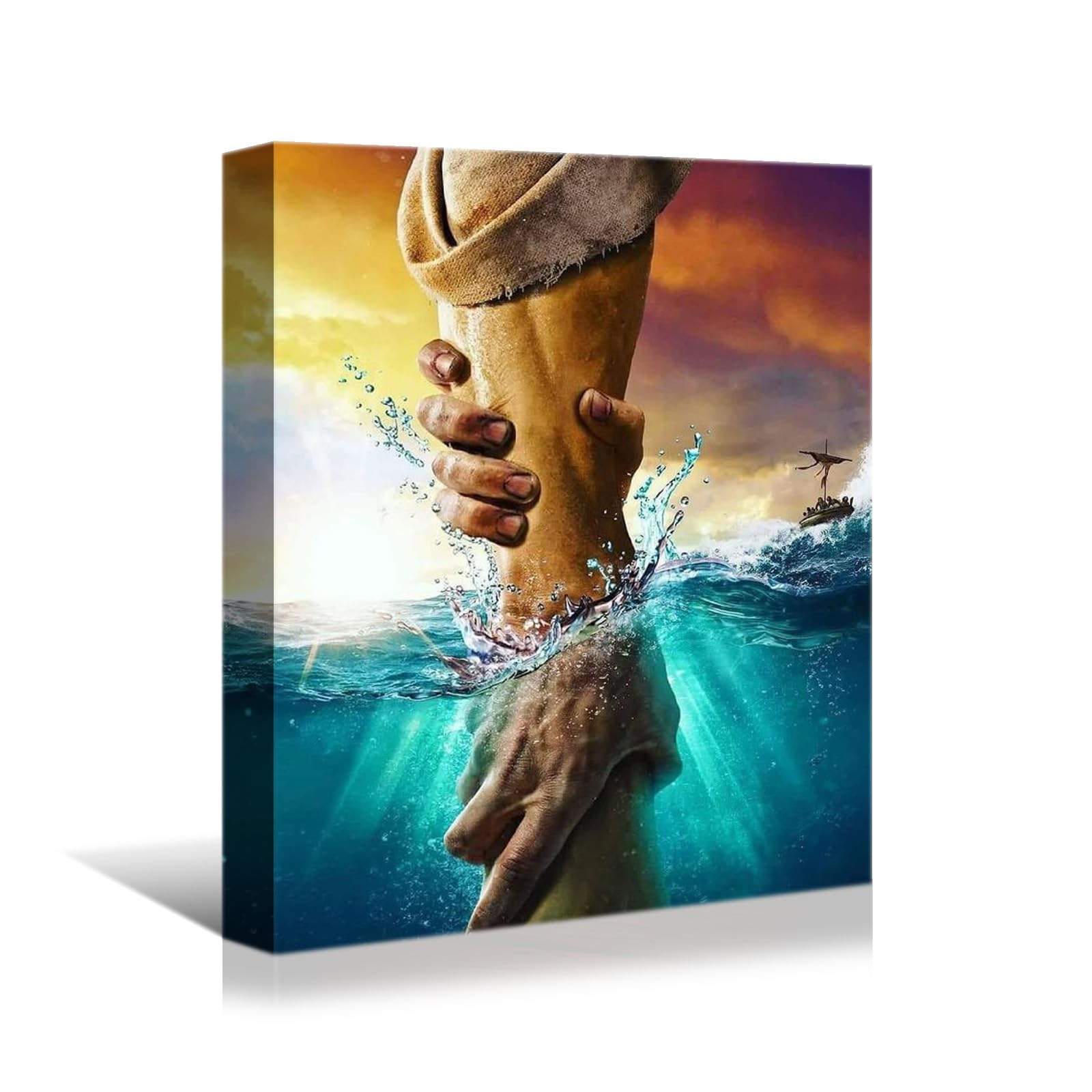 Yonica Jesus Wall Art The Hand Of God Jesus Reaching Into Water Christ Religion Canvas Wall Decor Blue Ocean Bible Pictures For