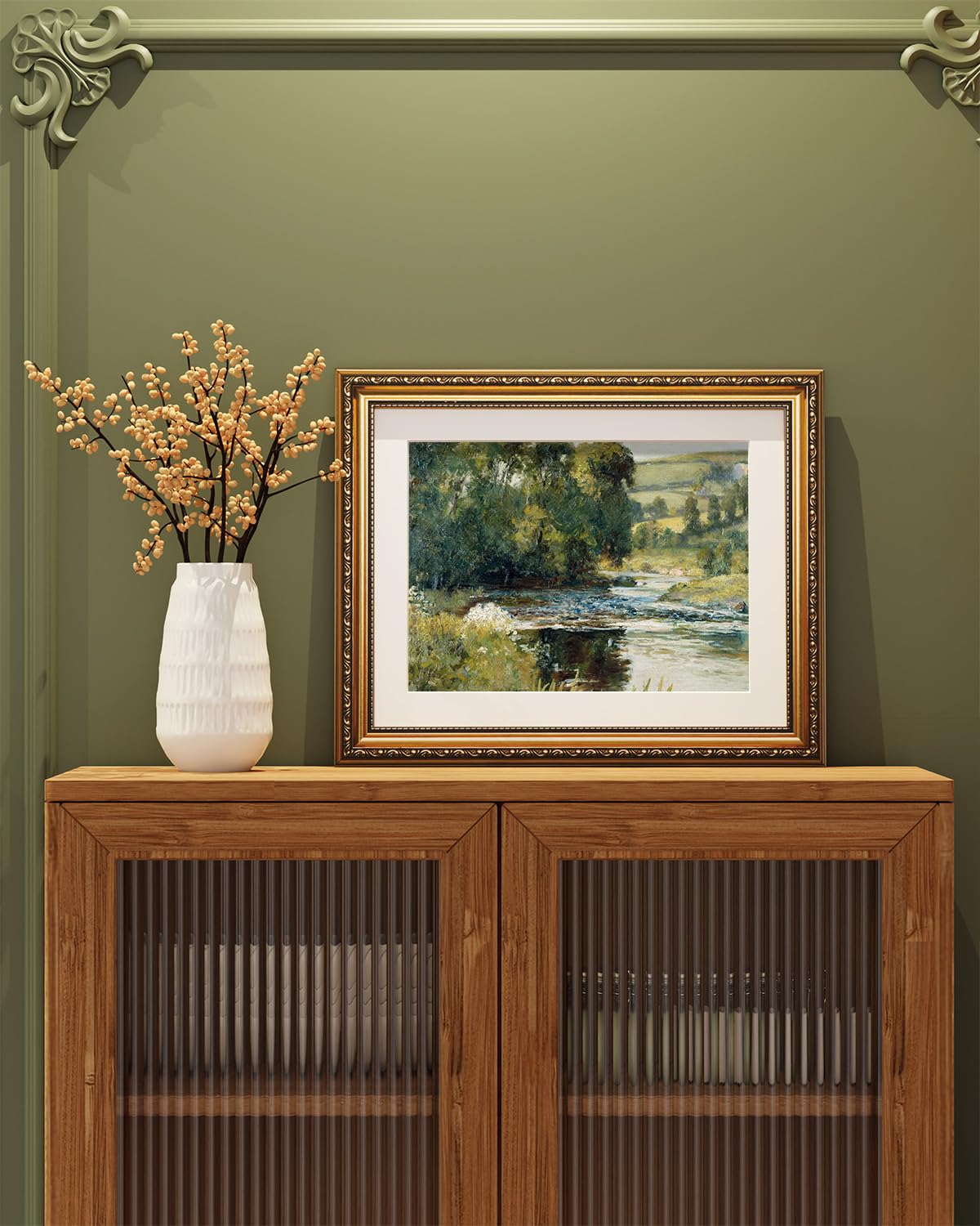 Arpeotcy Vintage Gold Framed Wall Art, 13X16 Inch Nature Streamside Retro Paintings, Canvas Prints Artwork With Antique Frame, V