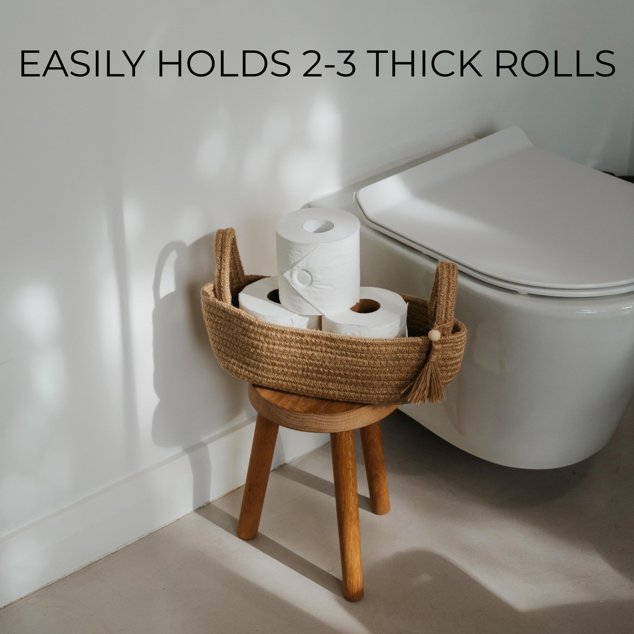 Decorative Toilet Paper Basket - Beautiful Bathroom Organizer for Toilet Tank Storage Decor - Boho Jute Cotton Rope Bin with Tas