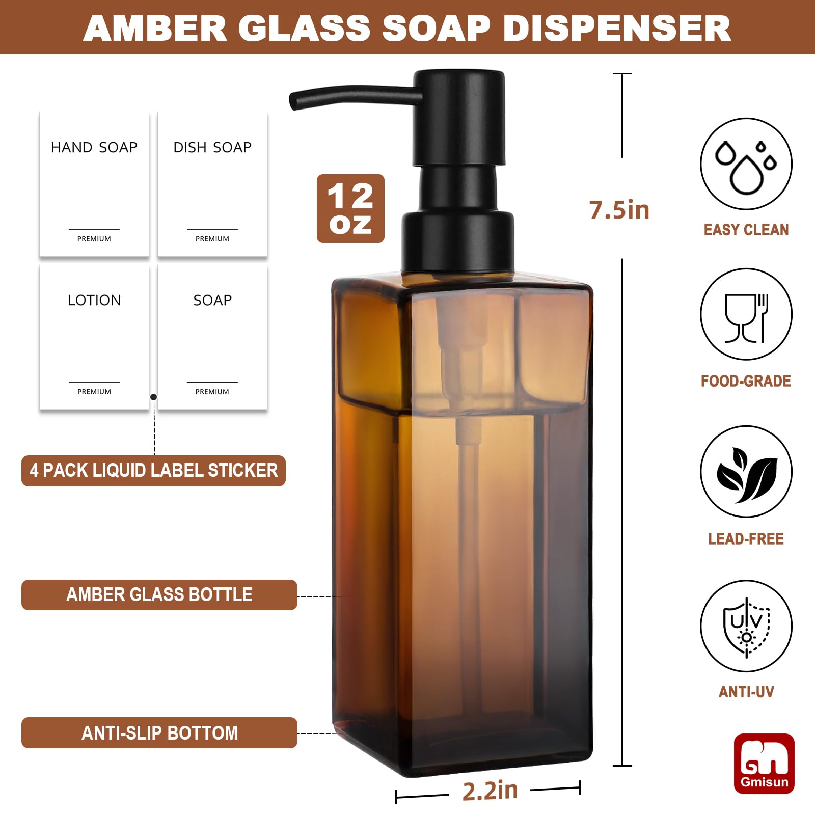 Gmisun Amber Glass Soap Dispenser, 2 Pack Hand Soap Dispenser Bathroom, 12Oz Dish Soap Dispenser Set For Kitchen, Glass Liquid S