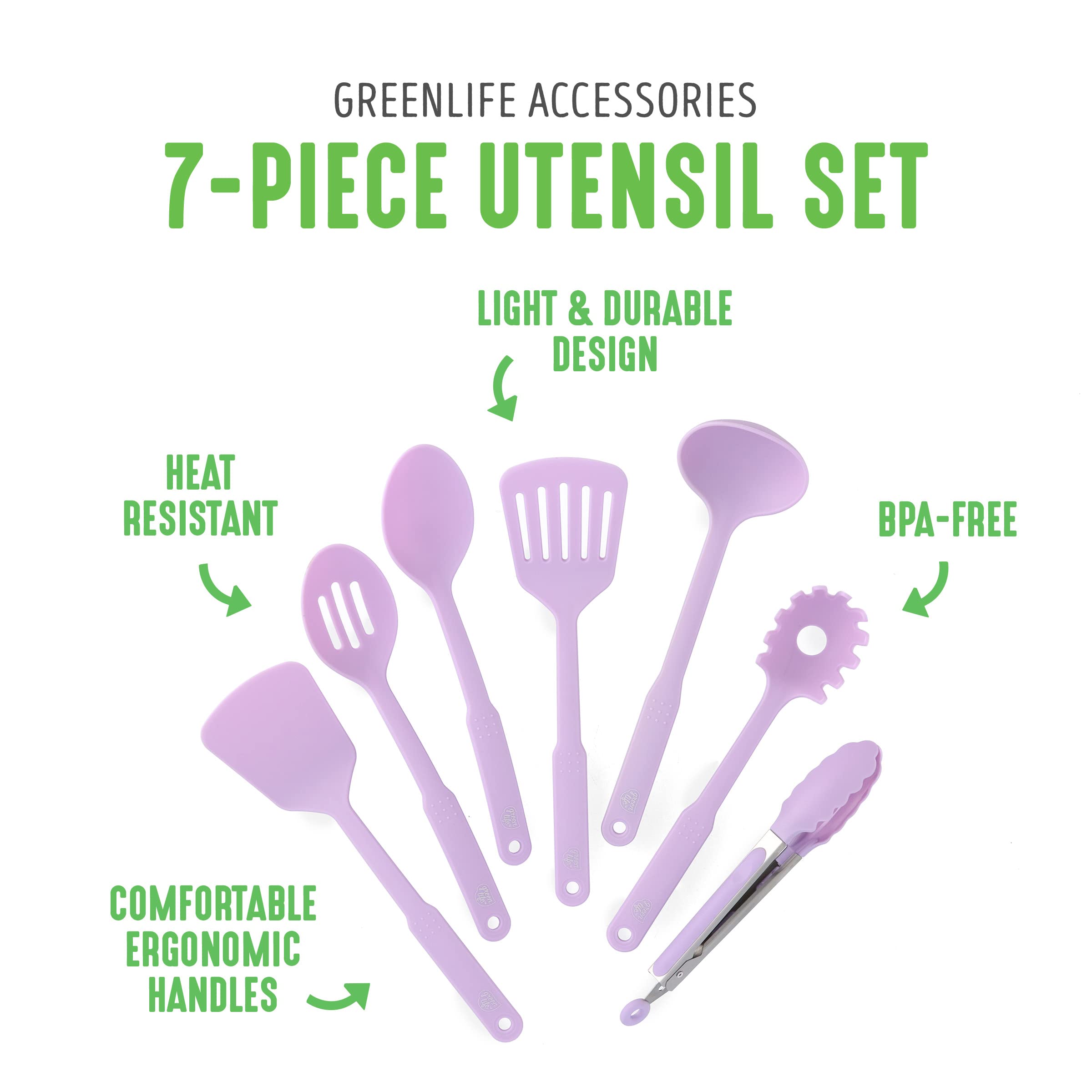 Greenlife Cooking Tools And Utensils, 7 Piece Nylon Set Including Spatulas Turner Spoons And Tongs, Dishwasher Safe, Lavender