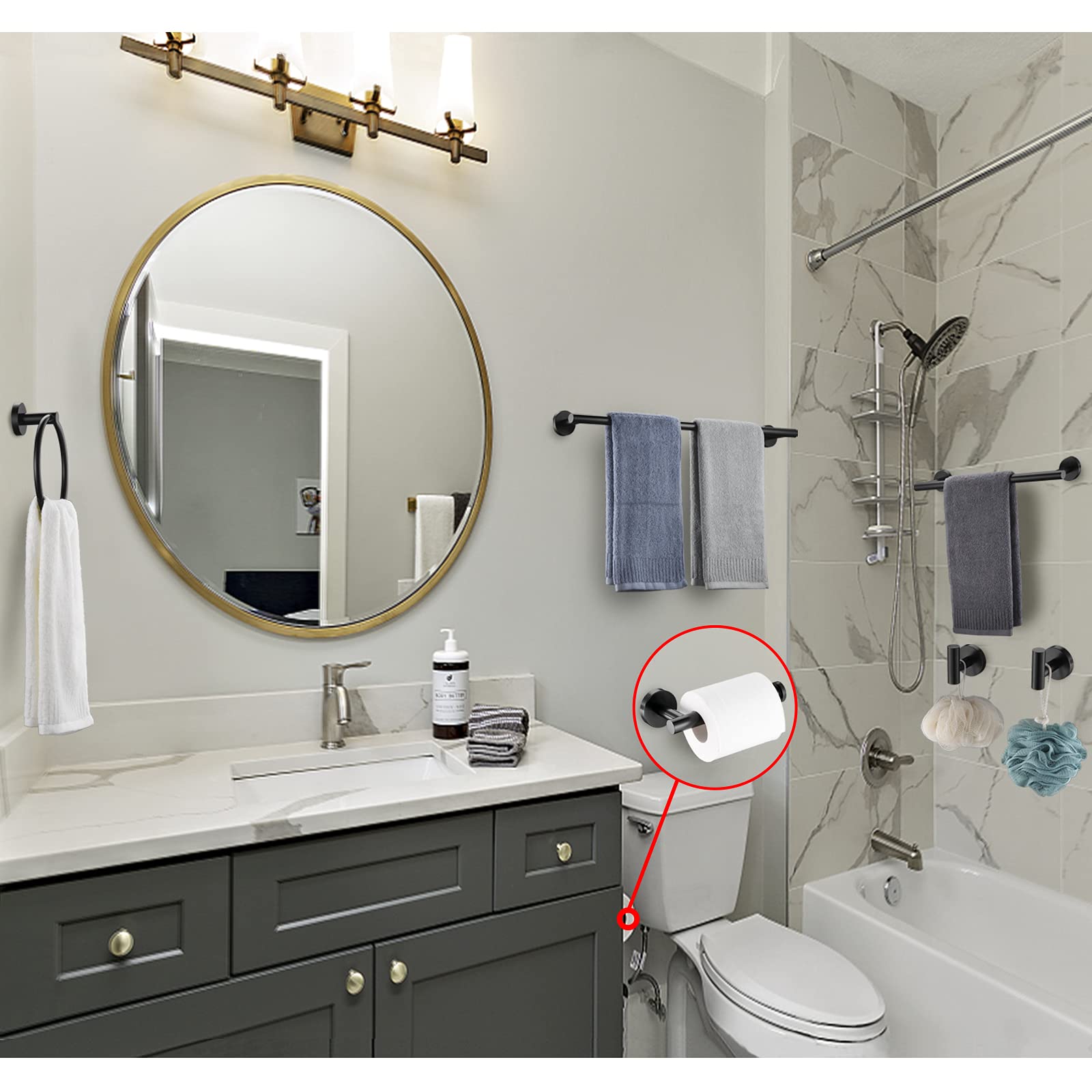 6 Pieces Matte Black Bathroom Hardware Accessories Set Hand Towel Ring 18&23.6 Inch Round Towel Bar Silver Toilet Paper Holder T