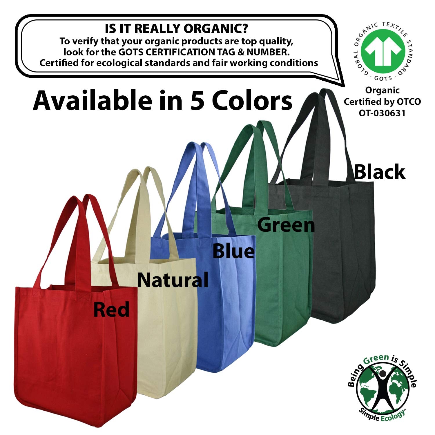 Simple Ecology Organic Cotton Deluxe Reusable Grocery Shopping Bag With Bottle Sleeves And Rigid Bottom Support (Updated Design)