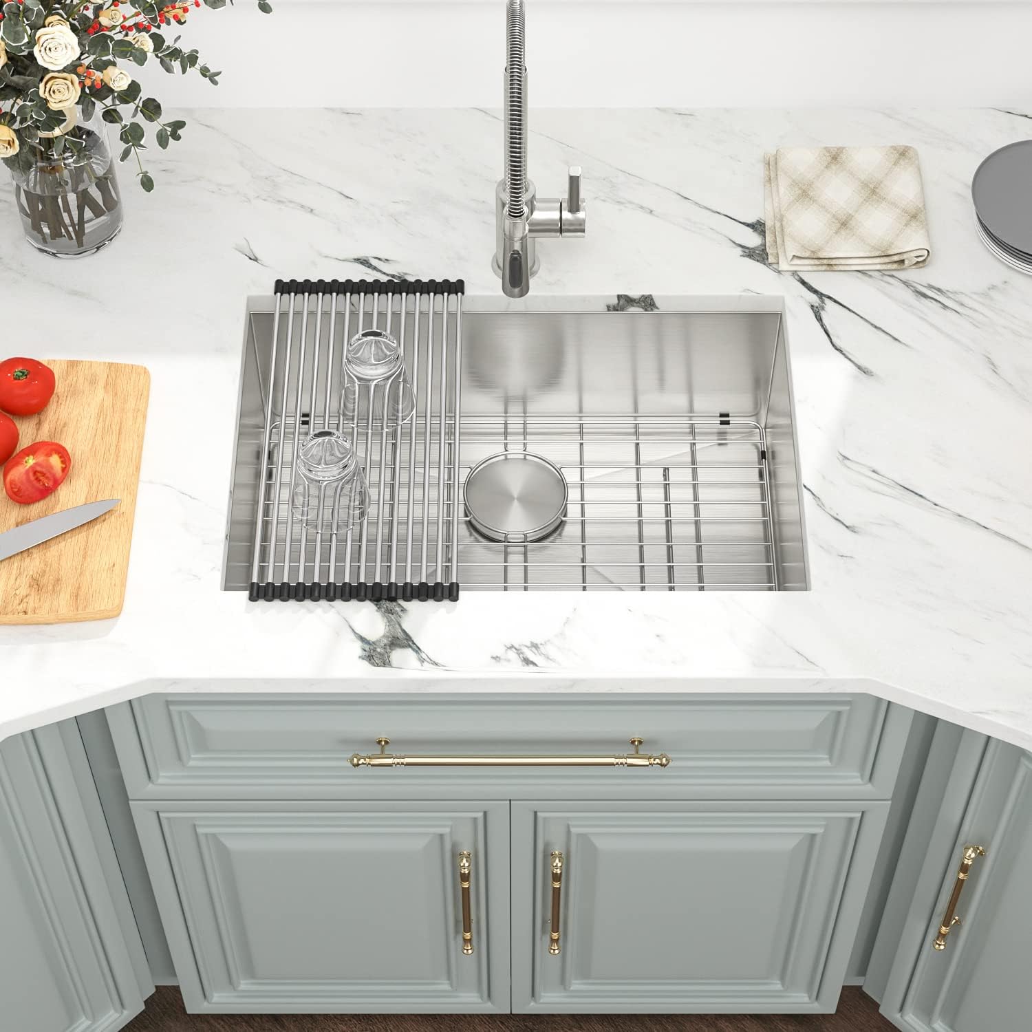Kichae 27 Inch Kitchen Sink Undermount 27X18 Inch Kitchen Sink Stainless Steel Deep Single Bowl Round Corner 16 Gauge Undermount
