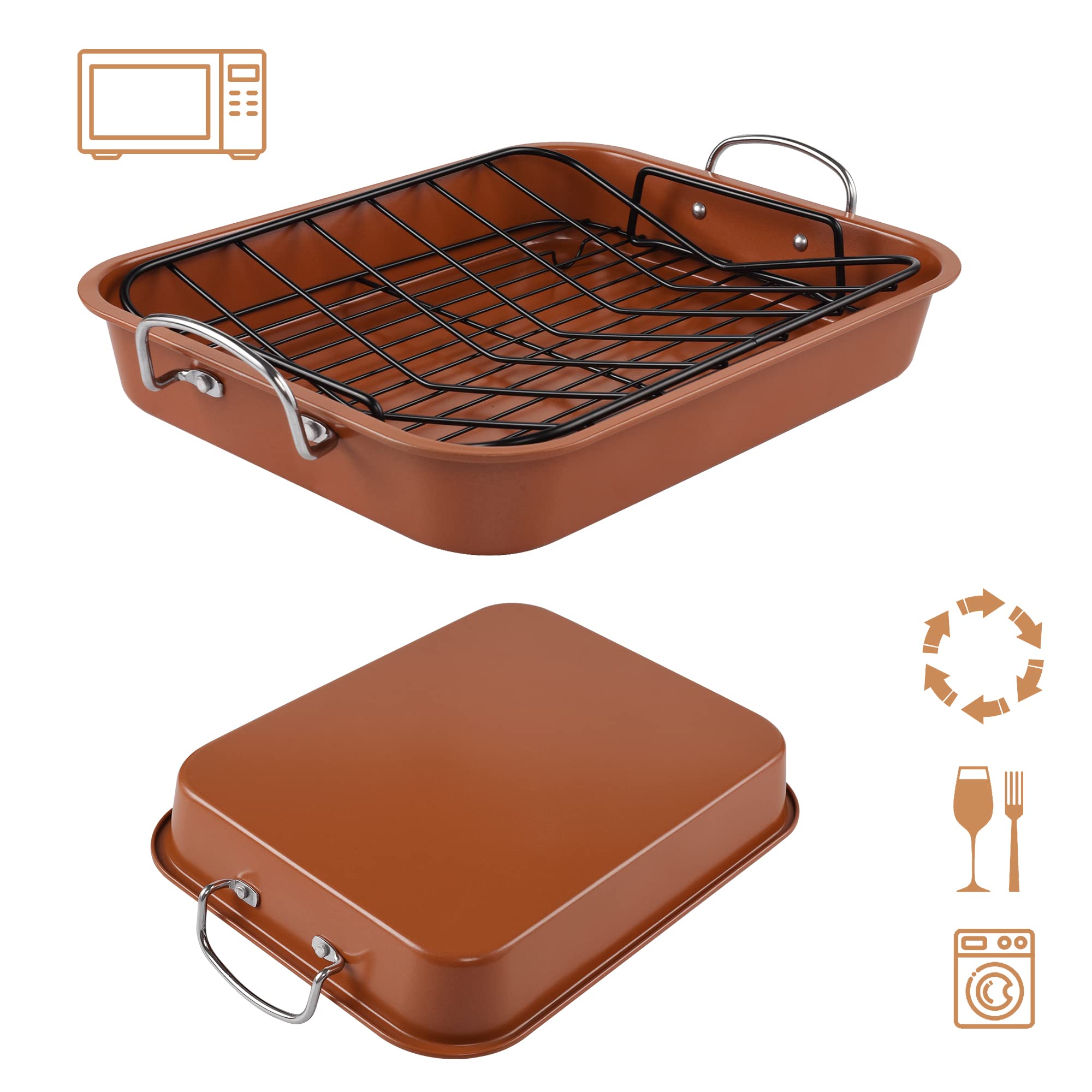 KitCom Nonstick Roasting Pan, Roaster with Cooling Rack and V-Rack - 16 Inch Rectangular Turkey Roaster Lasagna Pan for Easter,