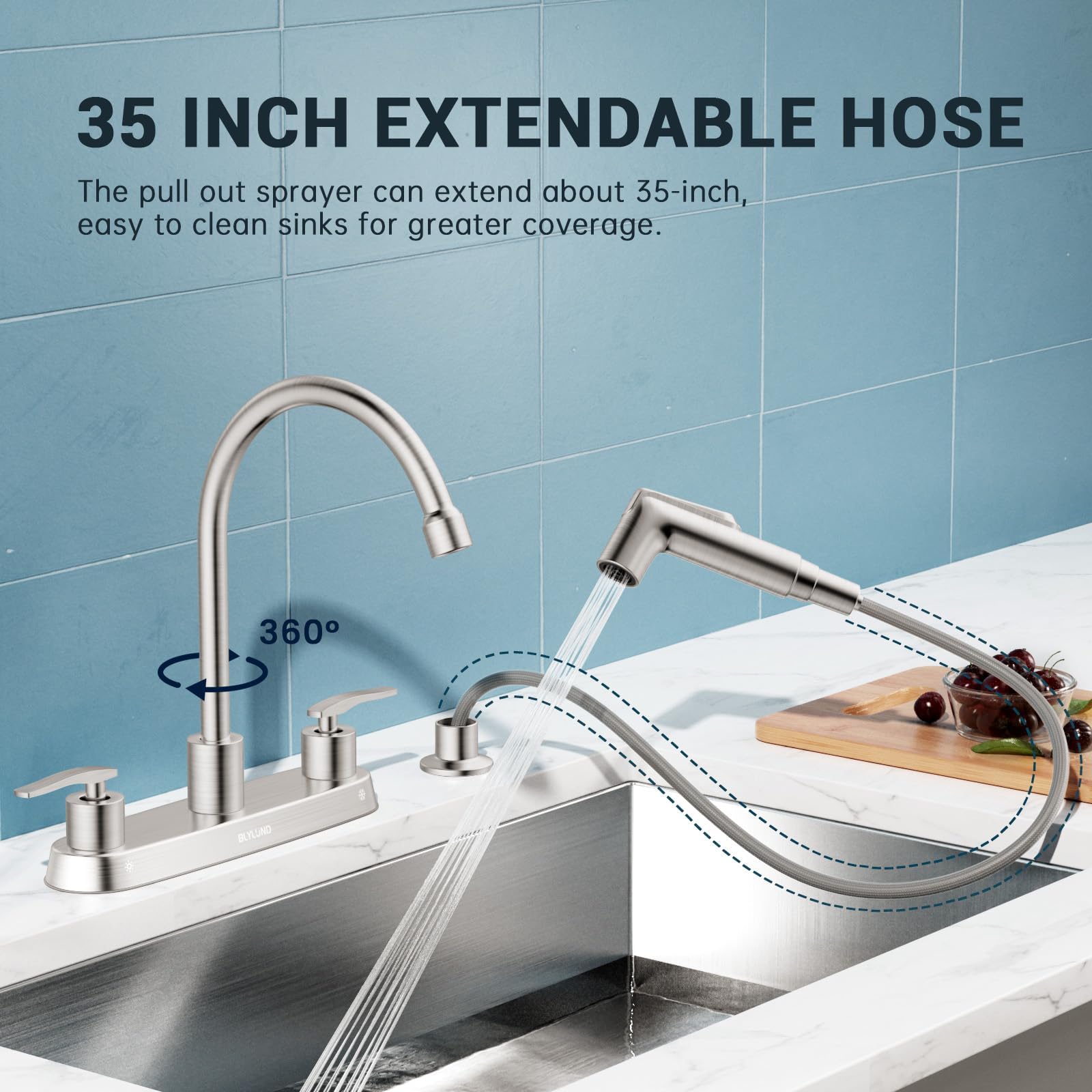 Blylund Kitchen Faucet With Side Sprayer, Brushed Nickel High Arc 8 Inch Centerset 2 Handles Stainless Steel Kitchen Sink Faucet