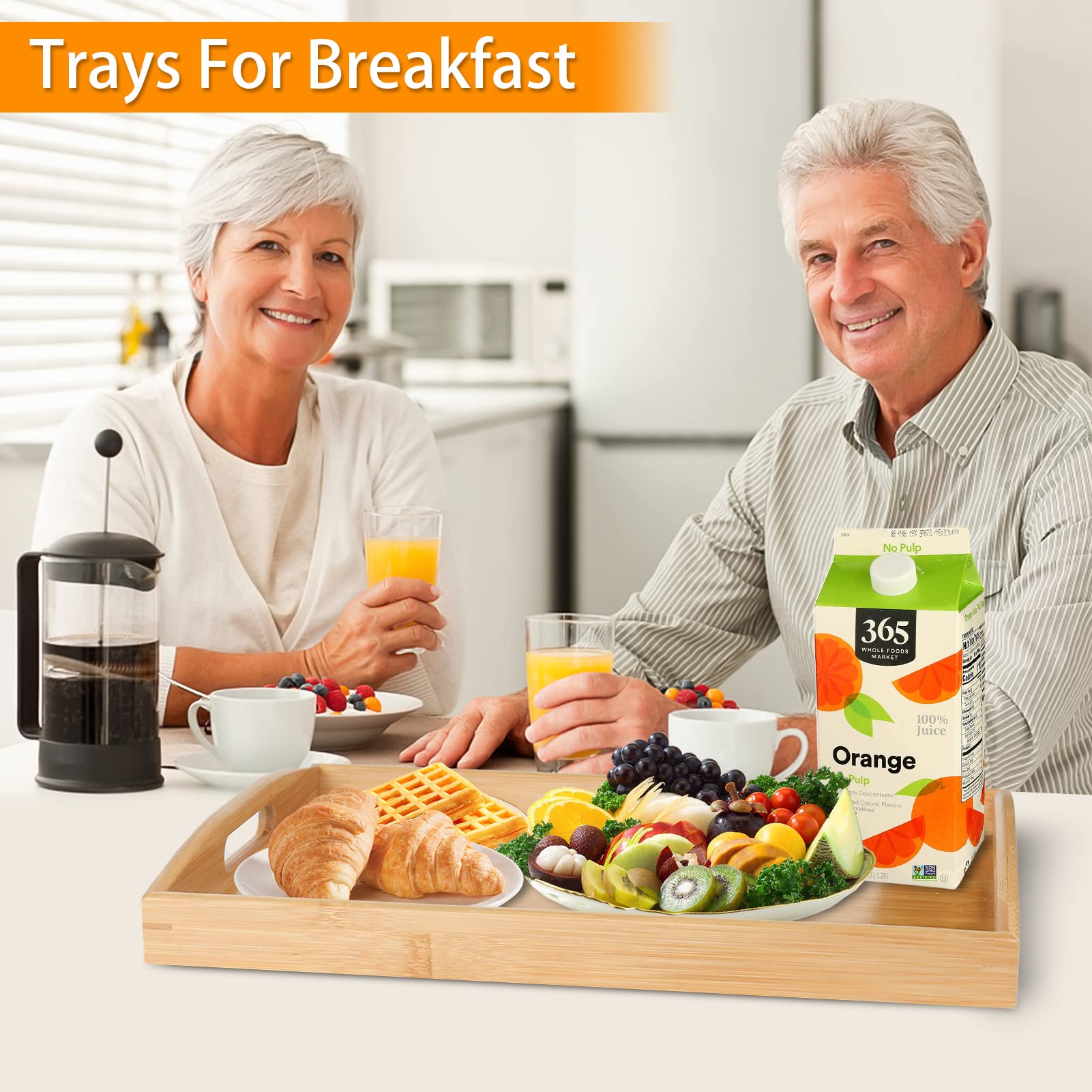 2 Pack Bamboo Serving Tray With Handles, Portable Bed Tray For Breakfast Dinner, Eating Trays For Living Room,Restaurants