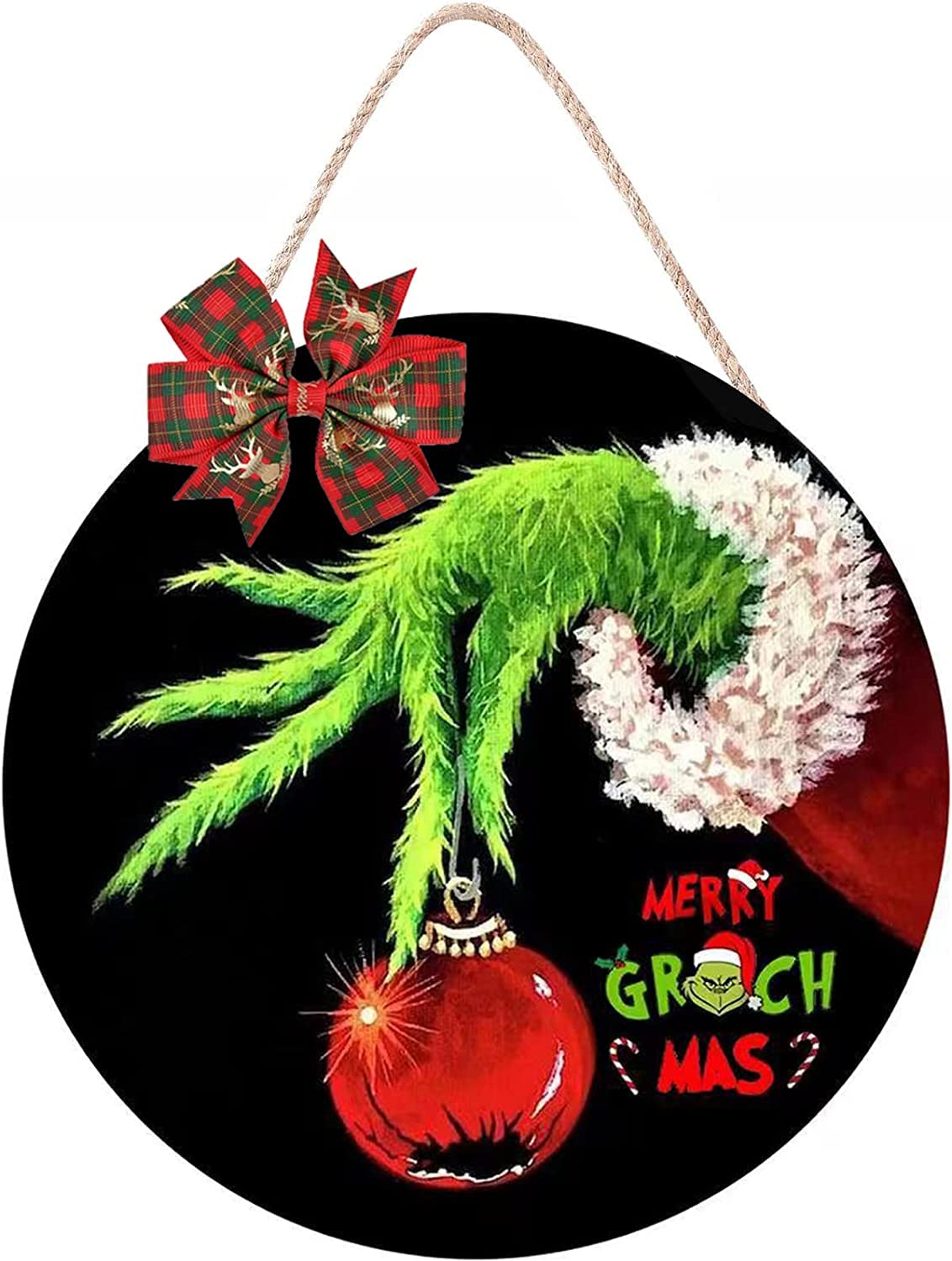 Xmas Decorations - Merry Christmas Wall Decor - Wooden Door Hanging Wreath with Bow for Indoor Party Supplies