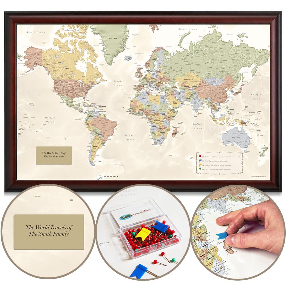 Map Your Travels Push Pin World Map - Deluxe 33"x21" Wood Frame - Personalized Gift - Handmade in Minnesota