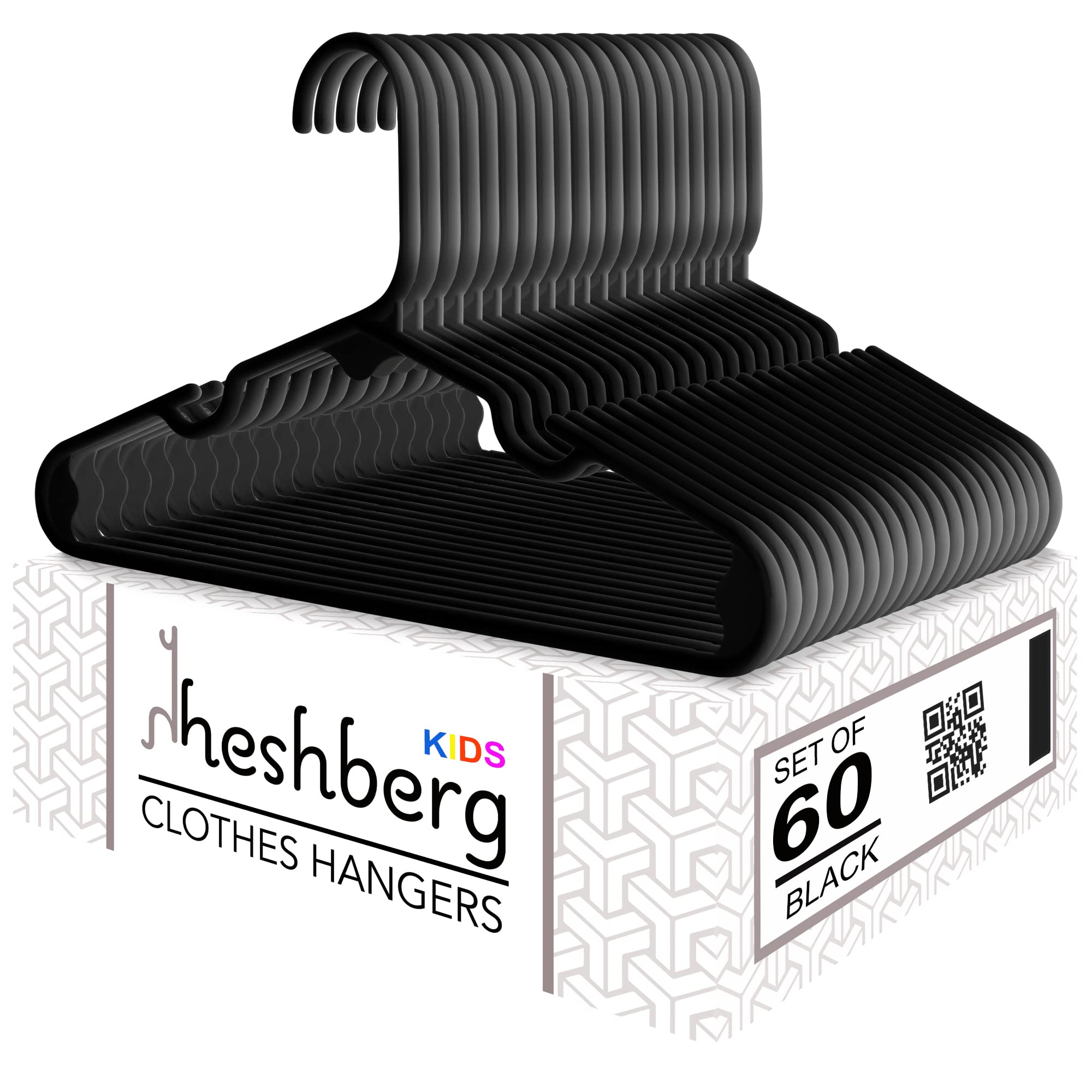 Heshberg Baby And Kids Hangers - Small Plastic Closet Clothes Hangers For Babies Infant Toddler Children - 60 Pack (Black)