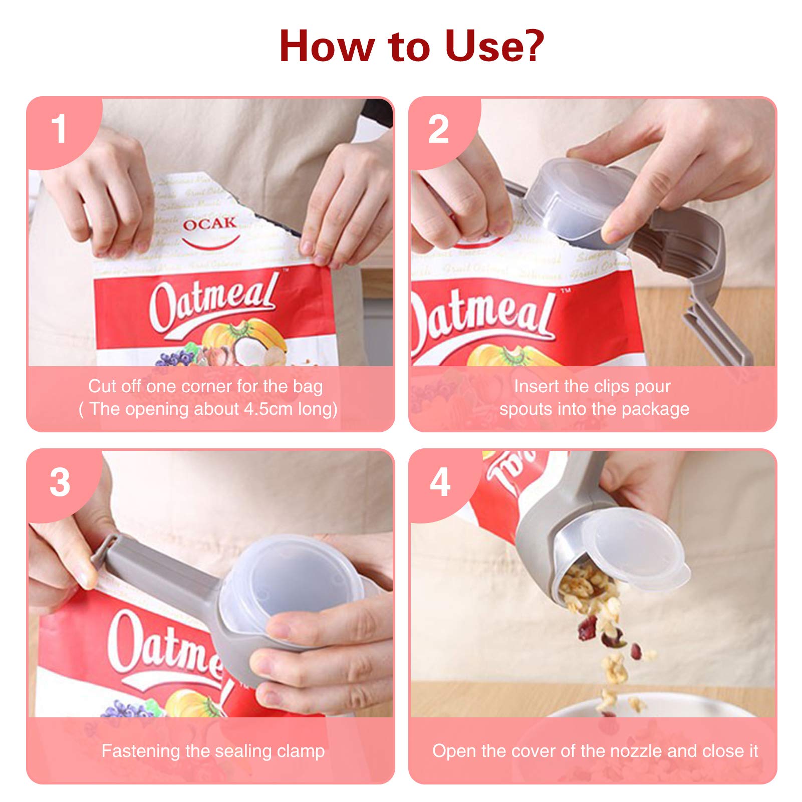 4Pcs Food Bag Clips With Pour Spouts, Great Clips Bags For Kitchen, Suitable For Small Particle Food, Liquid,Flour And Baby Food