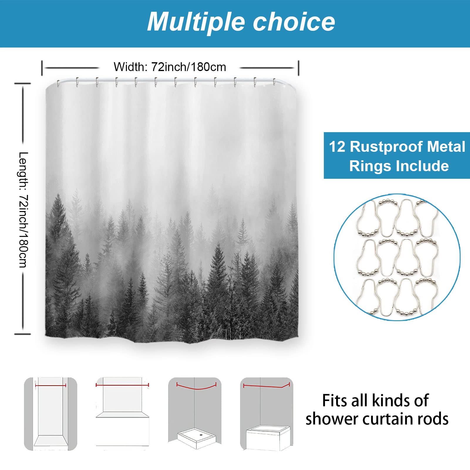 Ortigia Grey Forest Shower Curtain Misty Mountain Tree Shower Curtain Cool Winter Shower Curtain For Bathroom Fun Gray Fog Magic