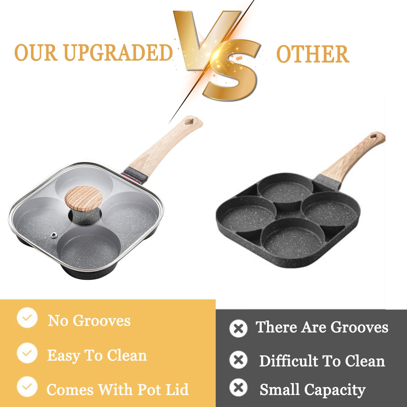 Justup Nonstick Egg Frying Pan, Egg Pan Divided Grill Pan, Heat Resistant Handle 3 Section Skillet, Omelette Pan For Breakfast,