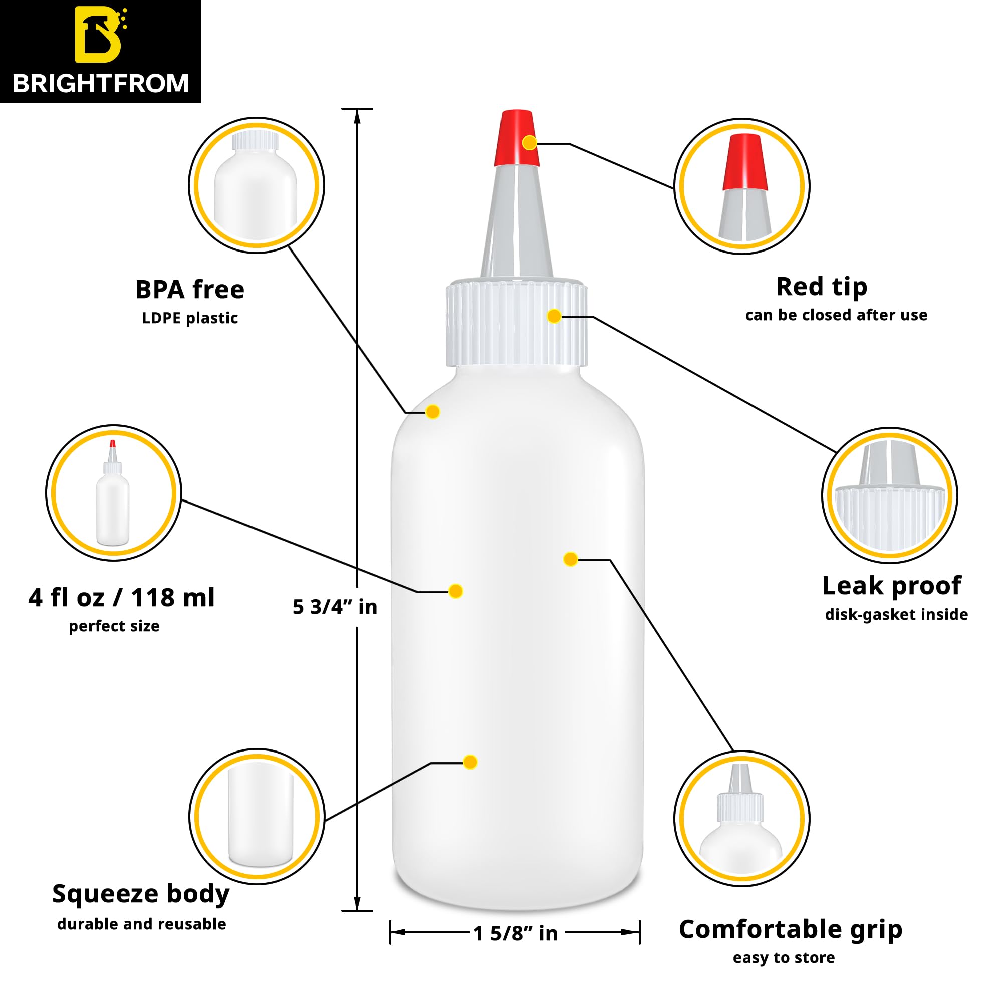 Brightfrom Squeeze Hair Color Applicator Bottles With Red Top Cap, 4 Oz Empty Plastic Containers, Refillable, Leak Proof - Open/