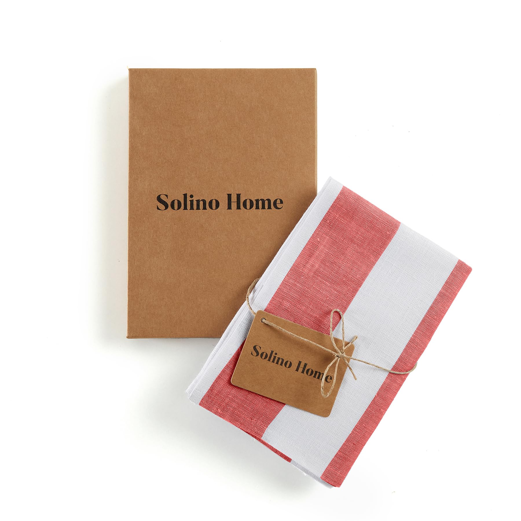 Solino Home Linen Kitchen Towels Set Of 2 - Red And White 17 X 26 Inch - 100% Pure Linen Cabana Stripe Kitchen/Tea Towels - Mach