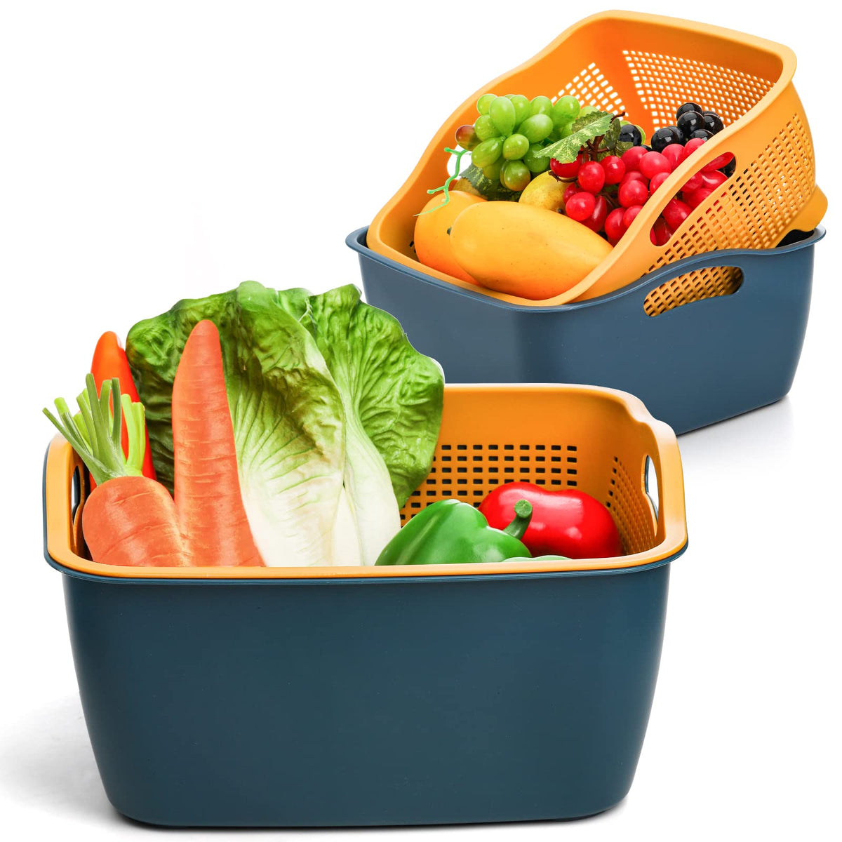 Jucoan 2 Pack 9 & 8 Quart Large Kitchen Strainer Colander Bowl Set, Double-Layer Plastic Fruits Vegetable Washing Basket, Drain