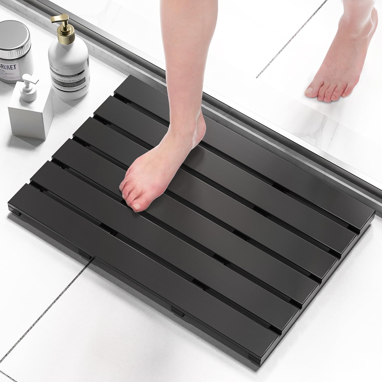 Domax Wooden Bamboo Bath Shower Mat- Non-Slip Waterproof Large Bathroom Floor Mat For Indoor Outdoor (Black, 21.26 X 14.17 X 1.3
