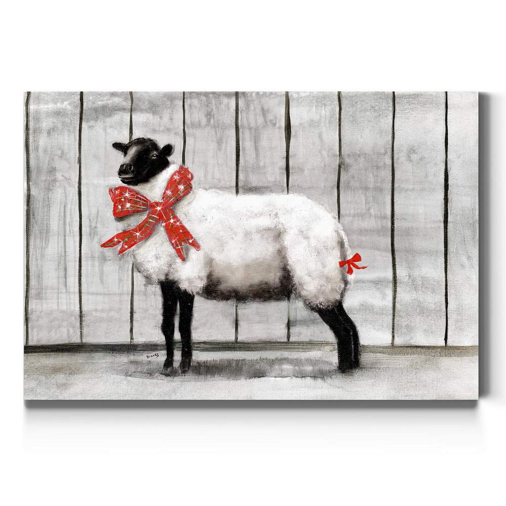 Renditions Gallery Canvas Wall Art Home Paintings Artwork Innocent Christmas Sheep Modern Black & White Winter Red Bow Decoratio