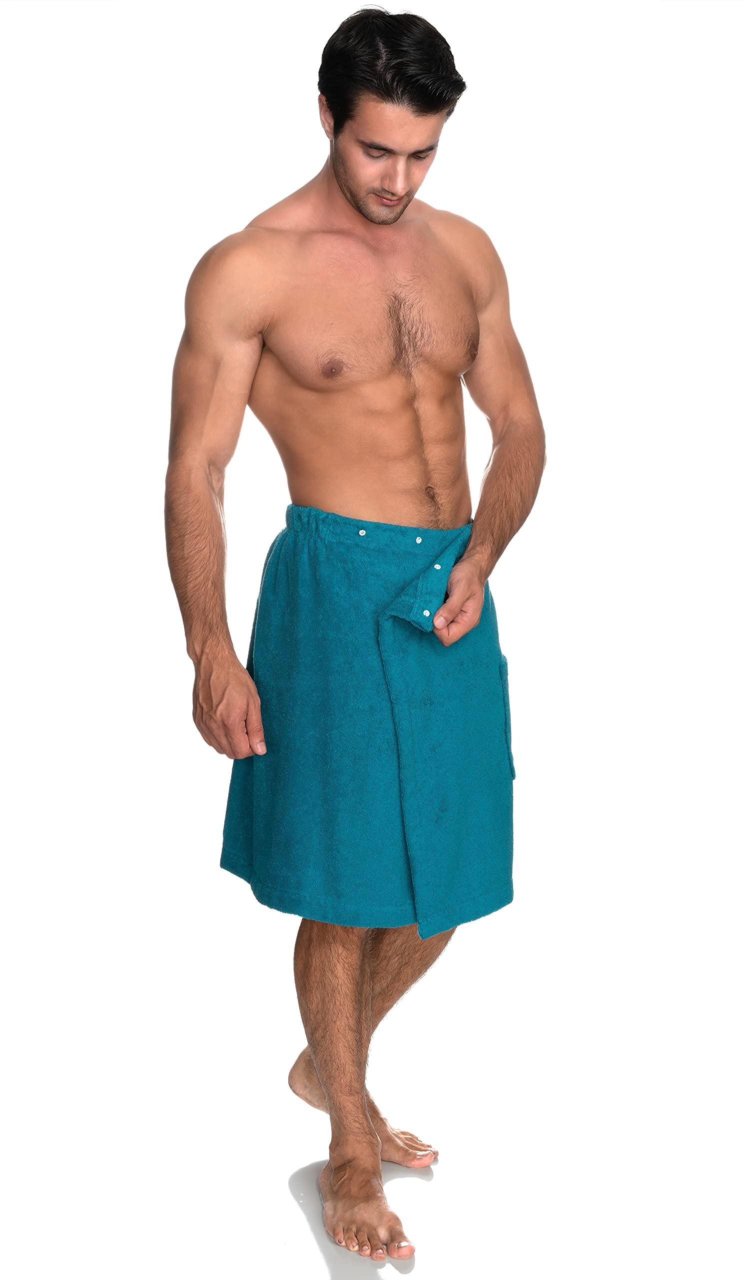 Towelselections Mens Shower Wrap Adjustable Cotton Terry Bath Gym Cover Up With Snaps Small/Large Algiers Blue