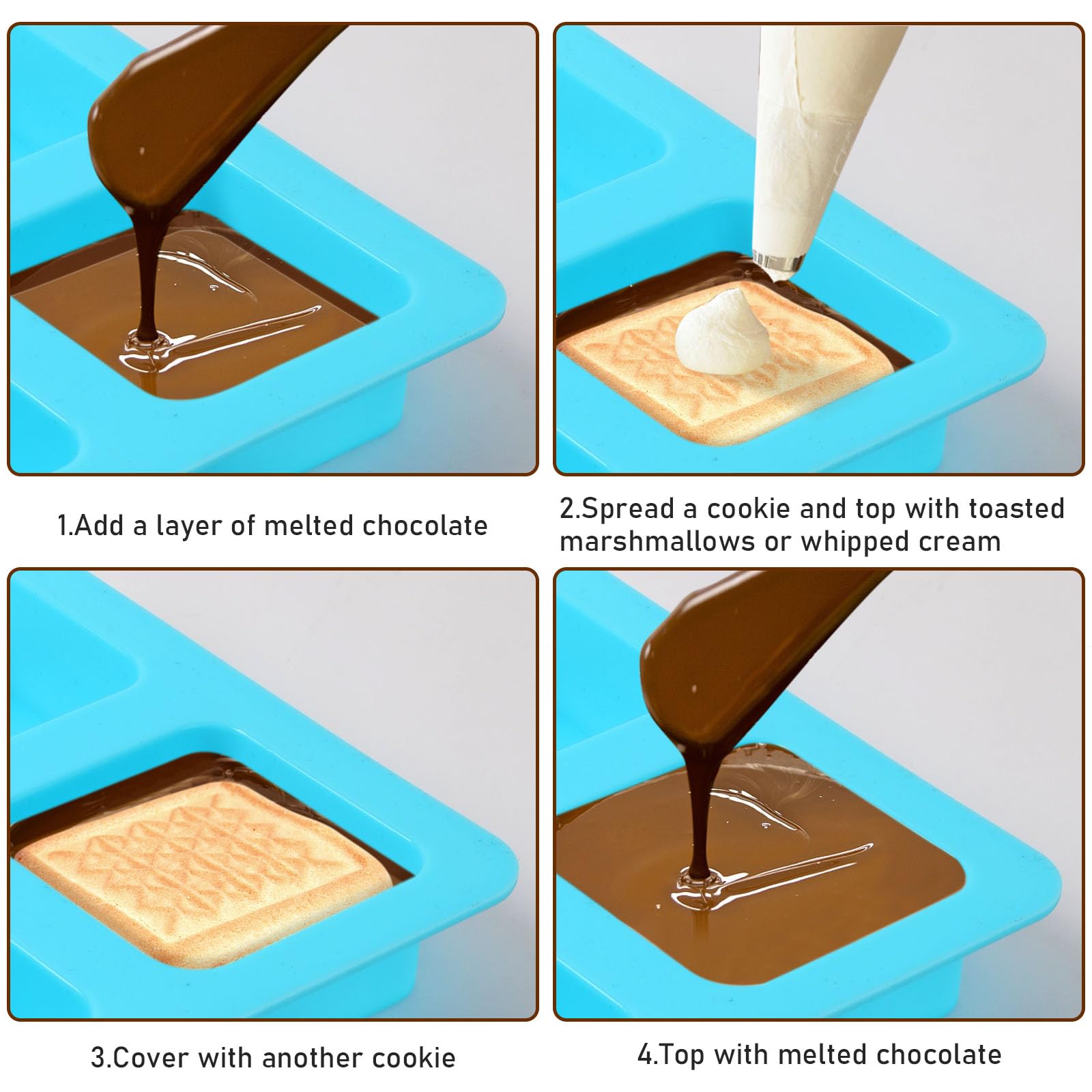 Boardfeb 4 Cavity Chocolate Covered Cookie S'Mores Molds, 3Pcs Silicone Square Molds Reusable Non Stick Silicone Trays For Smore