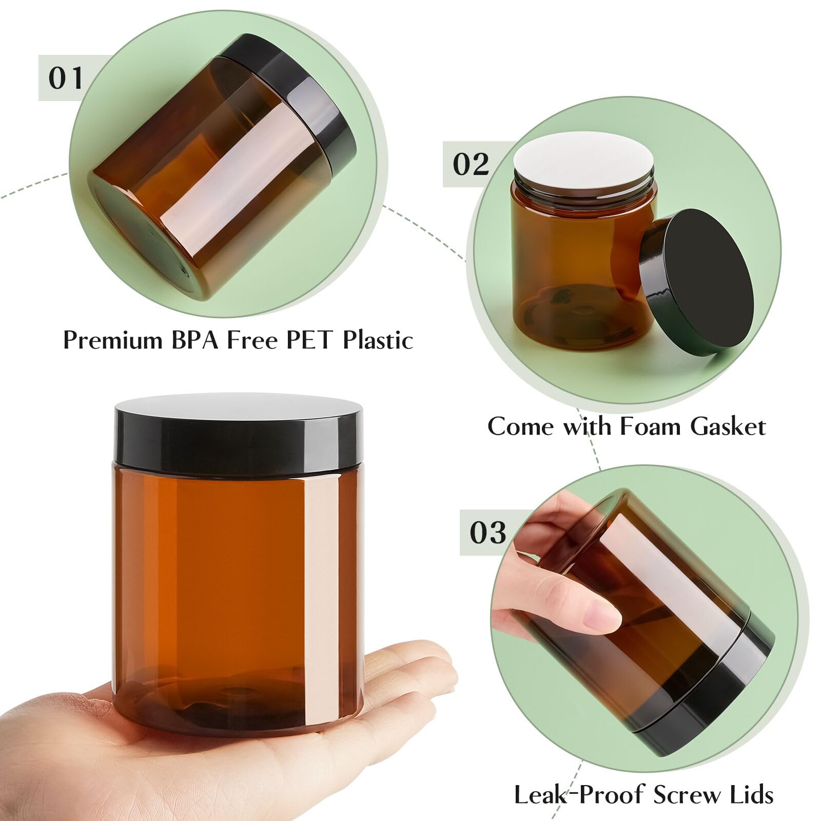 Tuzazo 8 Oz Amber Plastic Cosmetic Jars Leak Proof Container With Lids For Cream, Lotion, Powder, Ointments, Beauty Products, 12
