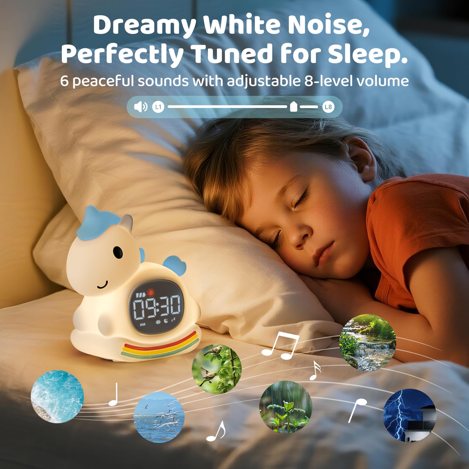 Aokpsrt Alarm Clock with Night Light & Sound Machine, Rechargeable Blue Pony Lamp for Kids, Sleep Training Companion