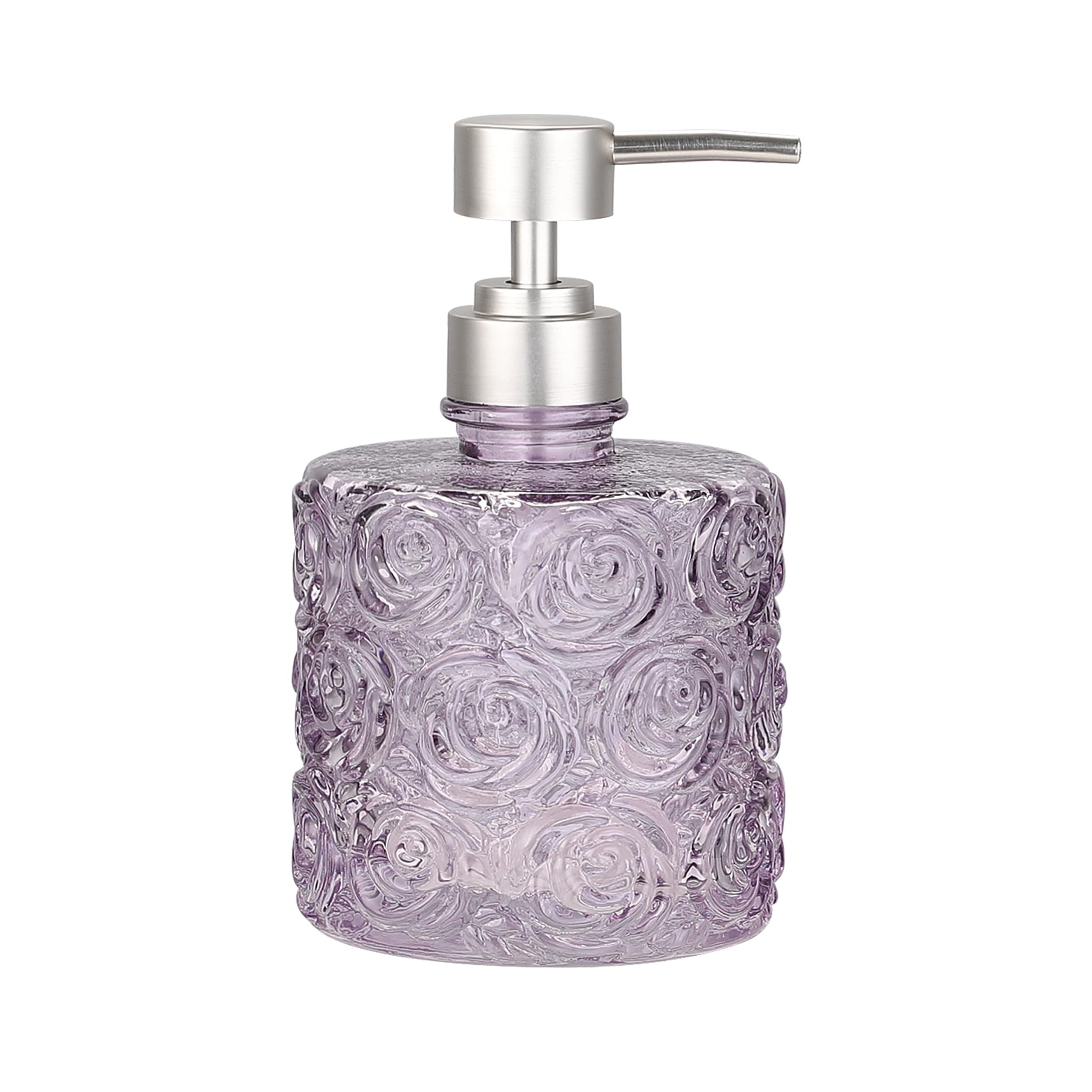 Marcella Glass Soap Dispenser With Soap Pump, Refillable 14 Ounce Capacity, Floral Design Rose Patterns, Heavy Weight Thick Glas