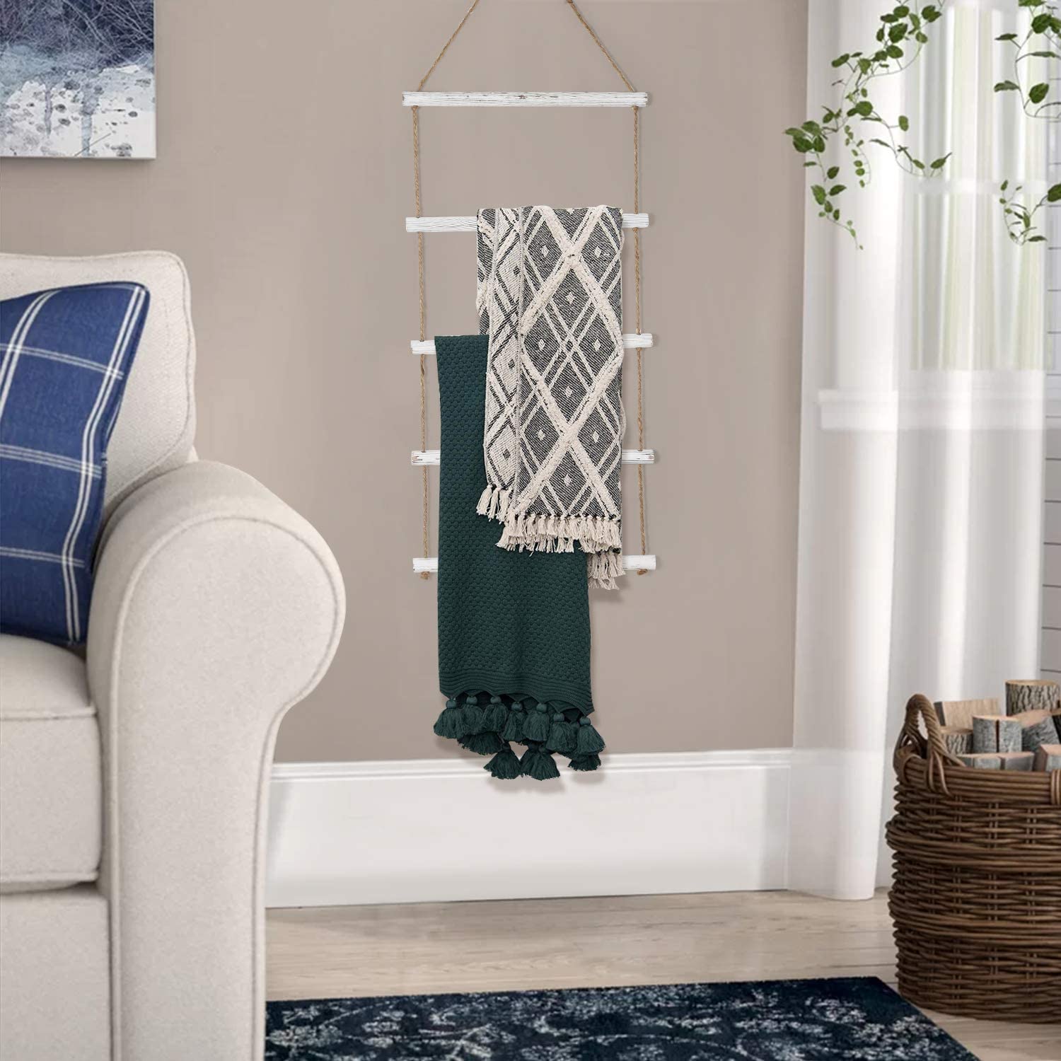 Docmon Towel Rack For Bathroom- 3.3-Foot Wall Hanging Whitewashed Wood & Rope Blanket Ladder With 5 Rungs For Farmhouse Room Dec