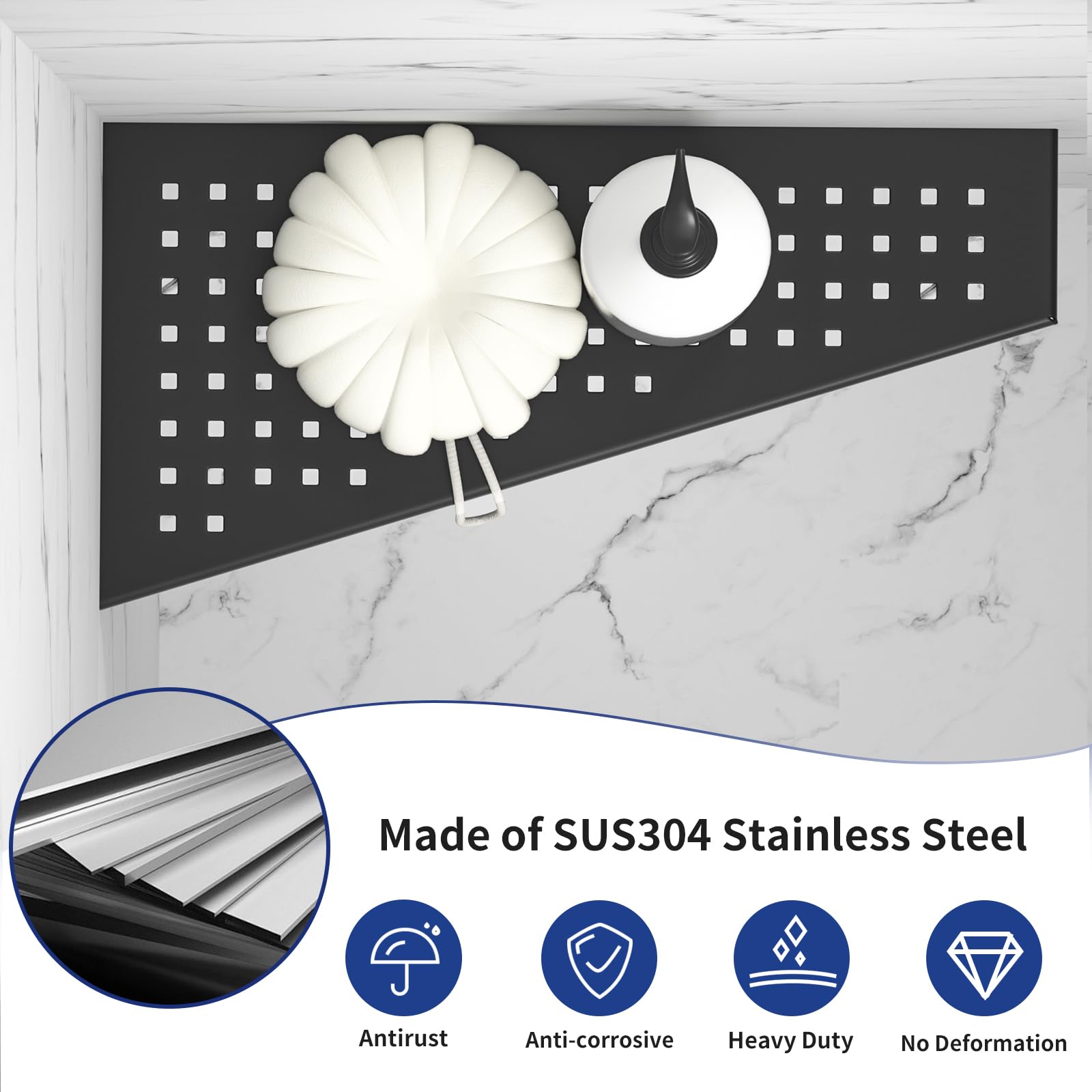 Bernkot Corner Shower Shelf, Matte Black 12'' Trapezoid Floating Shampoo Shelf, 304 Stainless Steel Grid Design Recessed Bathroo