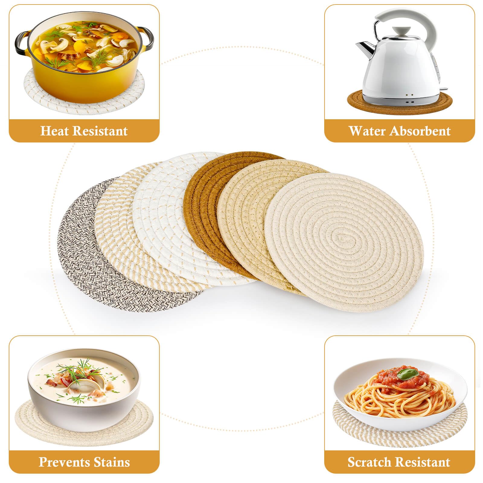 Billbotk 8'' Trivets For Hot Pots And Pans, 6 Heat Resistant Hot Pads, Pot Holders For Kitchen, Hot Plate Mats For Table, Kitche