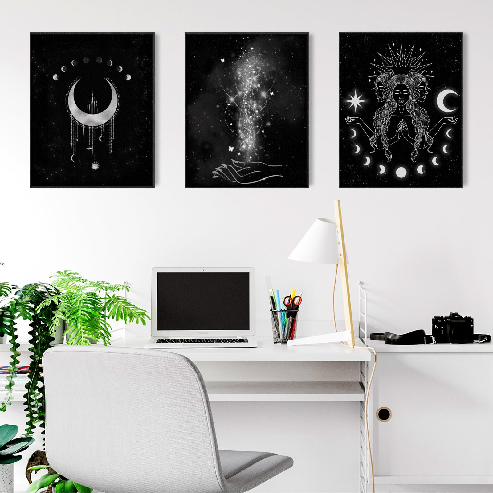 ORIGACH Moon Phases Wall Art Prints  Set of 5  Minimalist Boho Moon Phase Star Witch Wall Prints  Moon Stars Cat Celestial Witch Art Canvas Painting  Gothic Witchy Room Decor  Unframed 8x10in