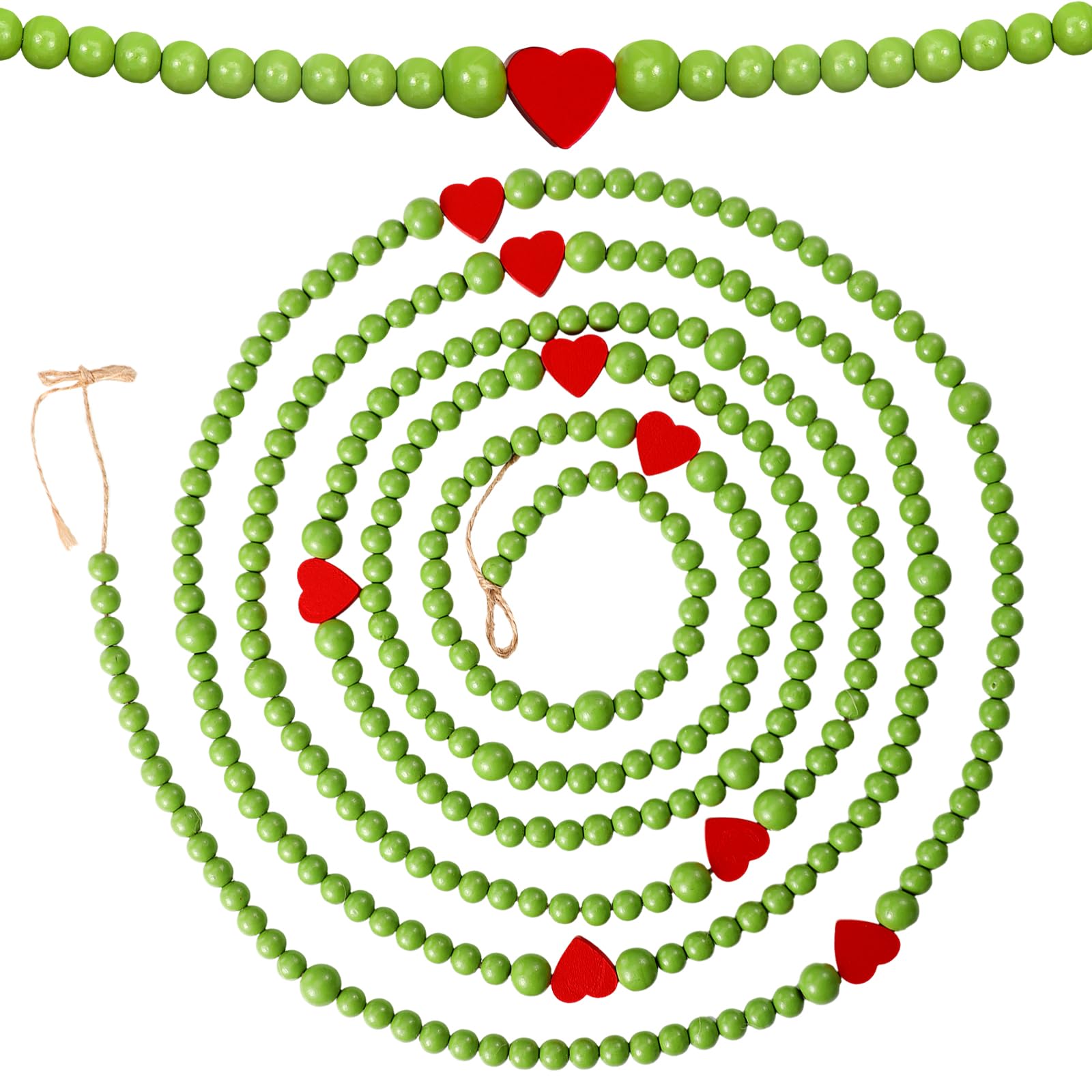 Yalikop 12 ft Christmas Wooden Beads Garland Green Christmas Tree Beads Red Heart Green Geek Decoration for Xmas Tree Home Mante