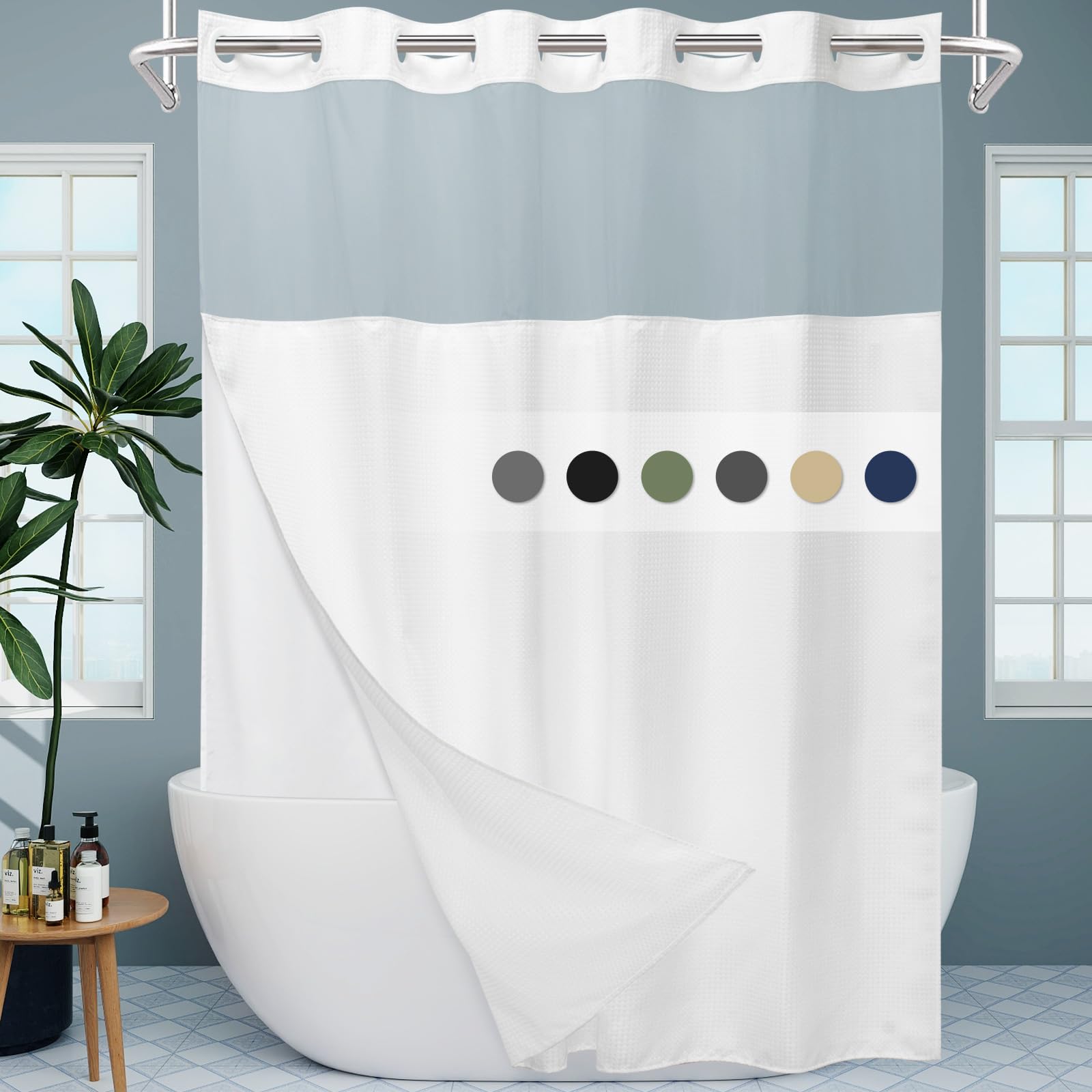 Eutxl White No Hook Shower Curtain With Snap In Liner,230Gsm Waffle Weave Shower Curtains For Bathroom,71W X 74H