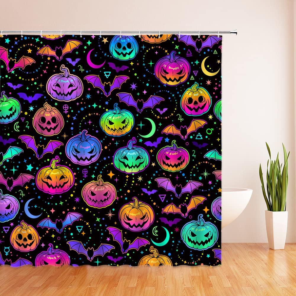 Ccxtcz Colorful Pumpkin Shower Curtain Scary Bat Star Moon Gothic Magic Mysterious Horror Spooky Fantasy Happy Halloween Fabric