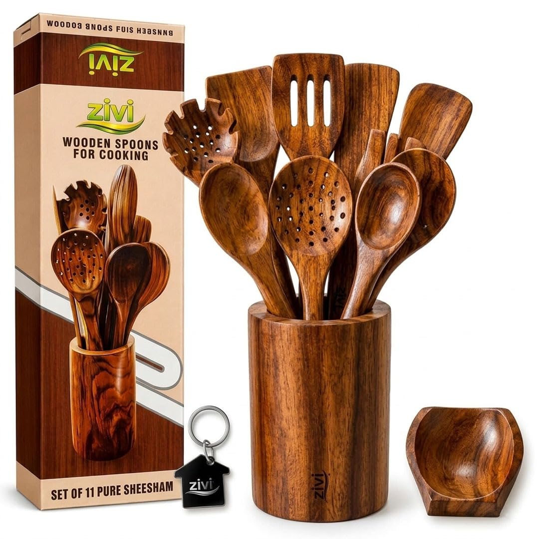 Wooden Spoons for Cooking 14 Piece Set  Natural Sheesham Wood Utensil Set with Holder | Spatula, Ladle, Turner, Fork, Skimmer |