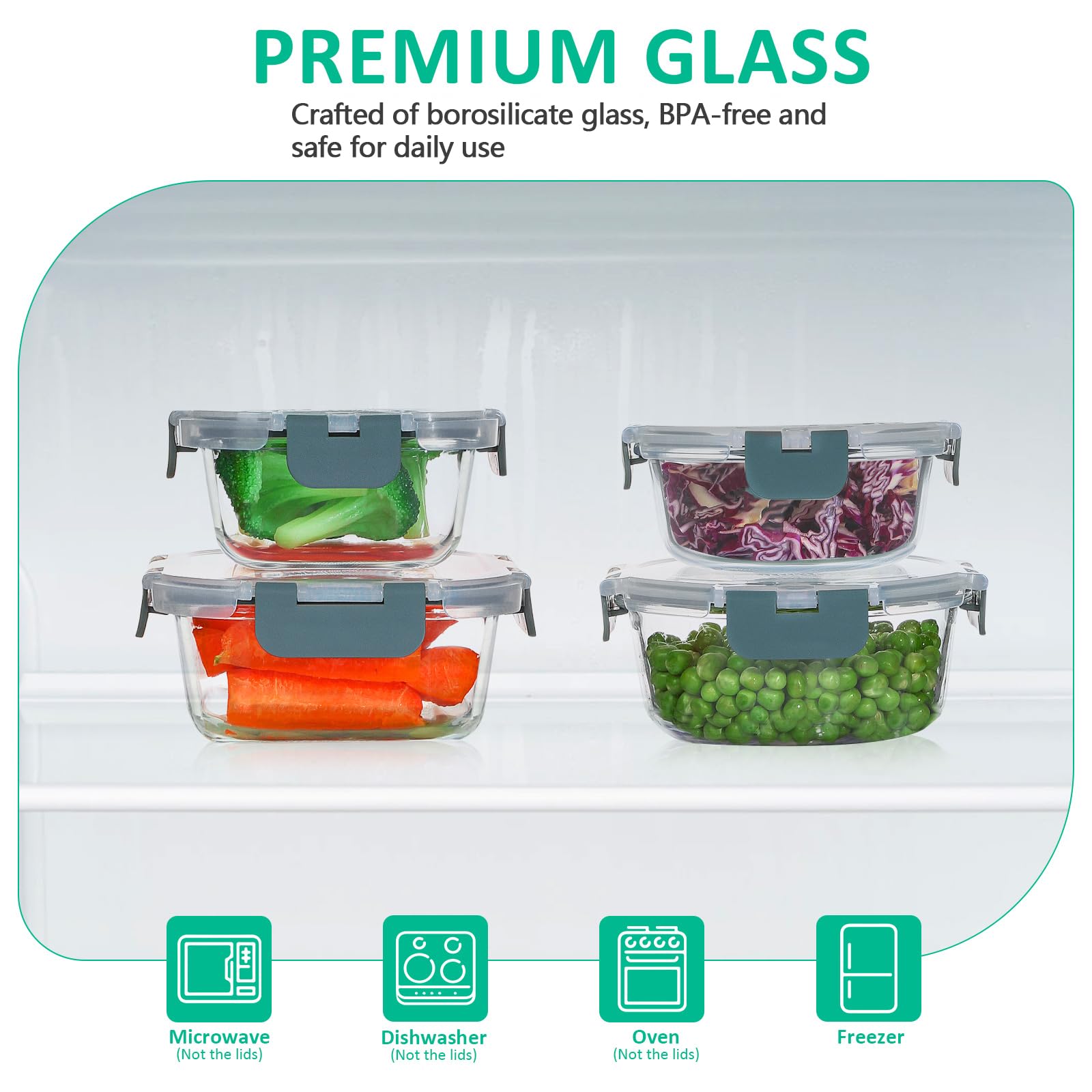KOMUEE 24 Pieces Glass Food Storage Containers Set Glass Meal Prep Set with Lids-Stackable Airtight lids BPA Free Freezer to Oven Safe Gray