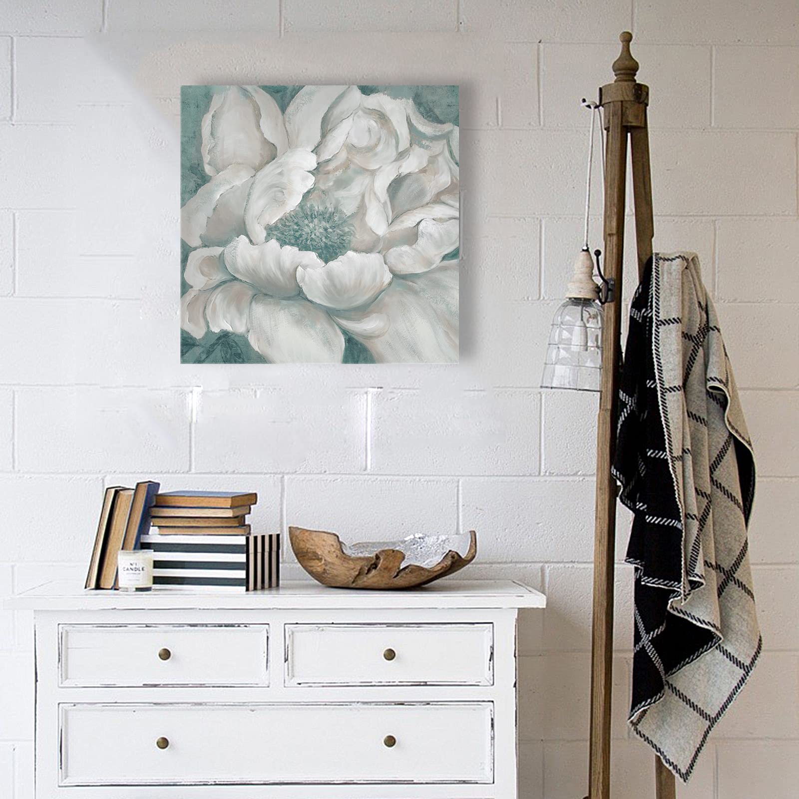 Bathroom Flower Picture Wall Art Blossom Teal White Floral Framed Painting Canvas Print With Hand Painted For Home Bedroom Decor